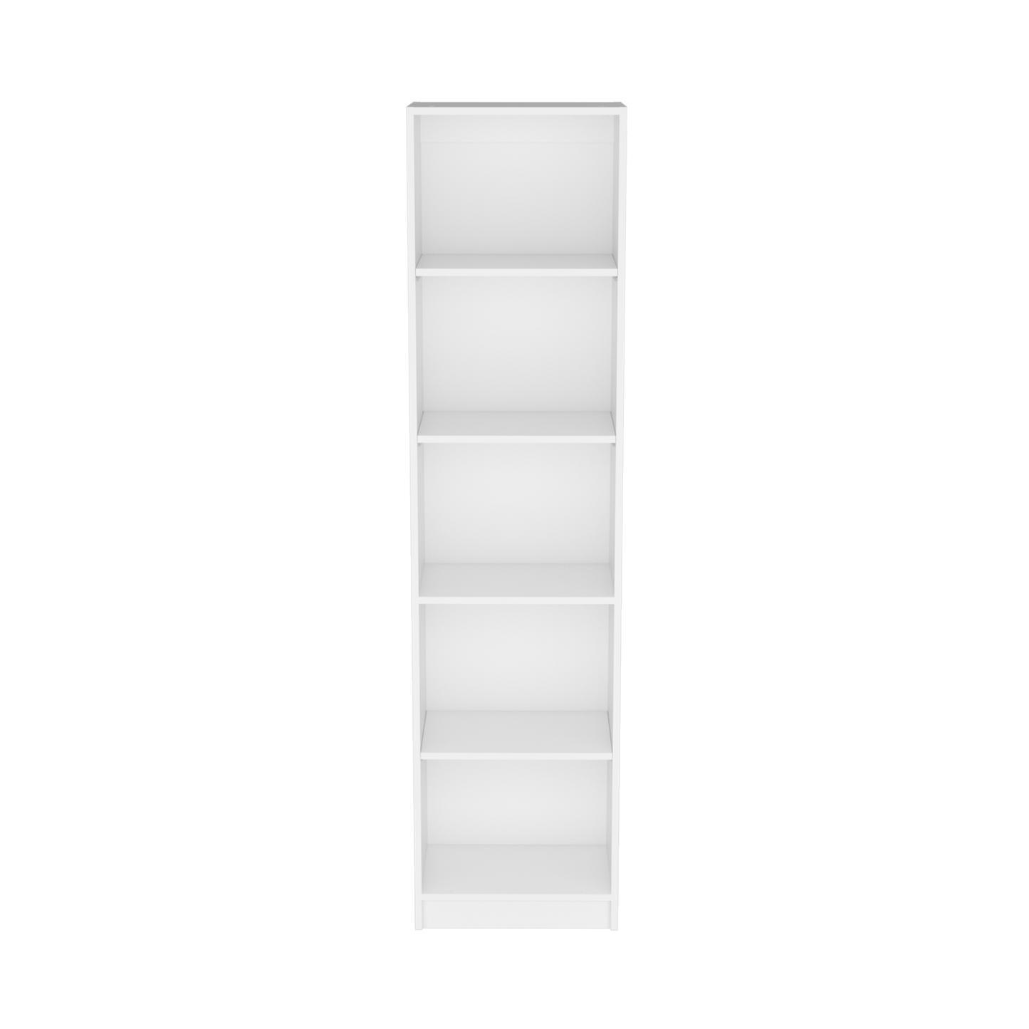 Tall white bookshelf with six open shelves ideal for modern living rooms