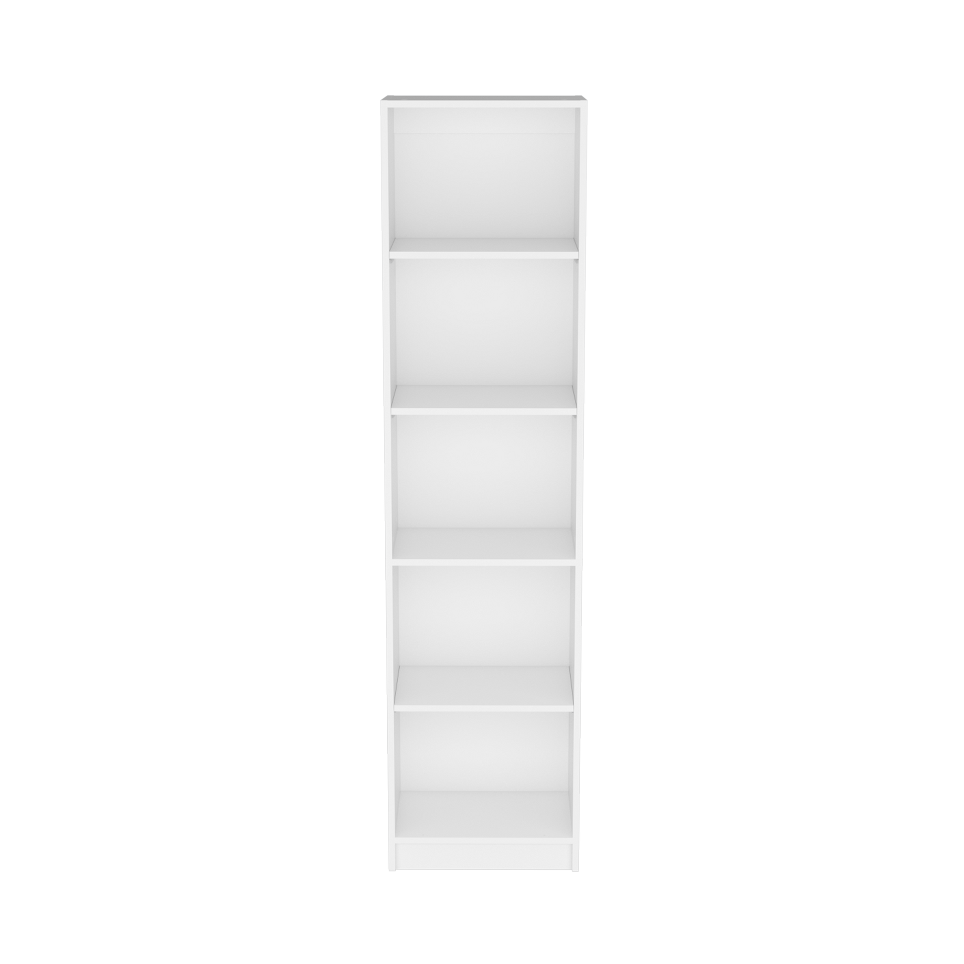 Tall white bookshelf with six open shelves ideal for modern living rooms