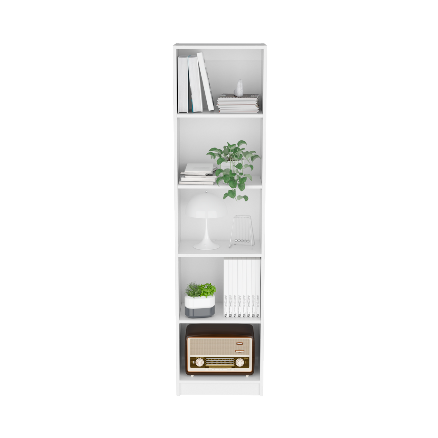 Tall white bookshelf with books and decor on shelves