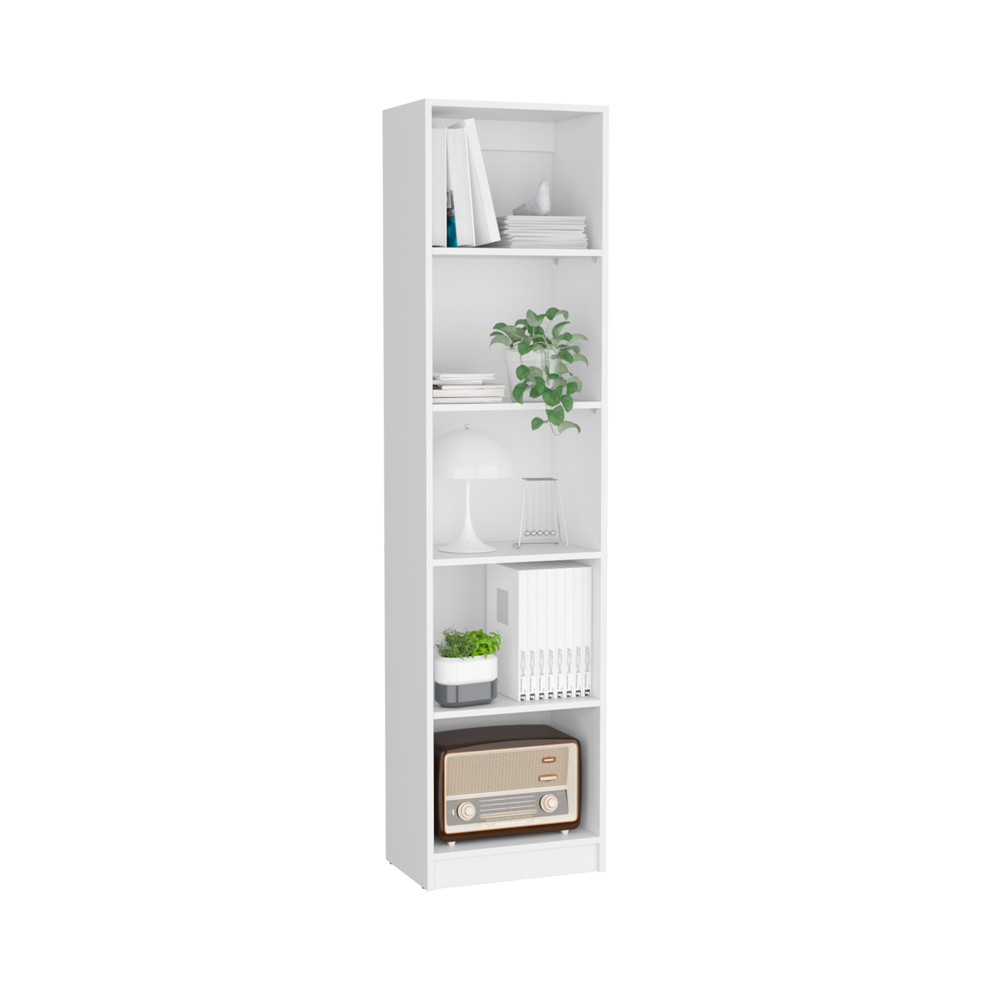 White slim bookcase with books and decor