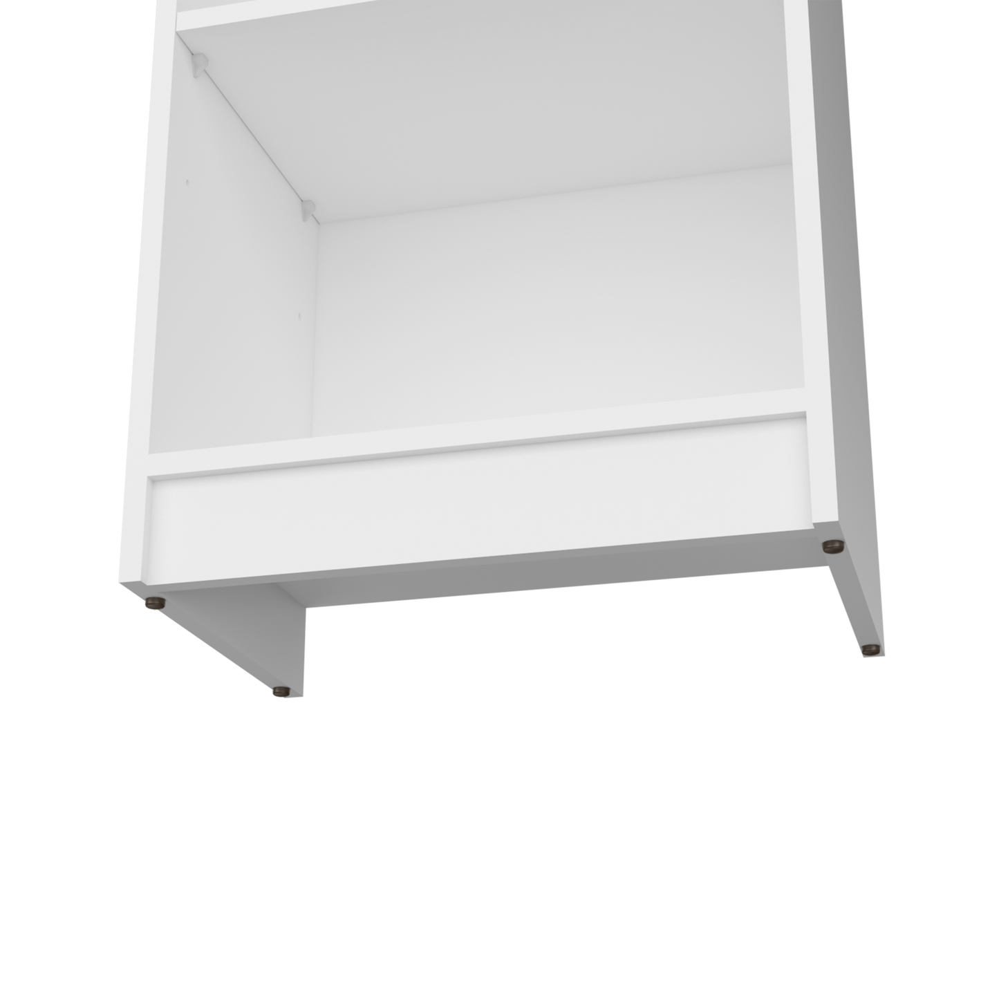 White modular shelving unit detail showing connecting brackets and a clean white finish
