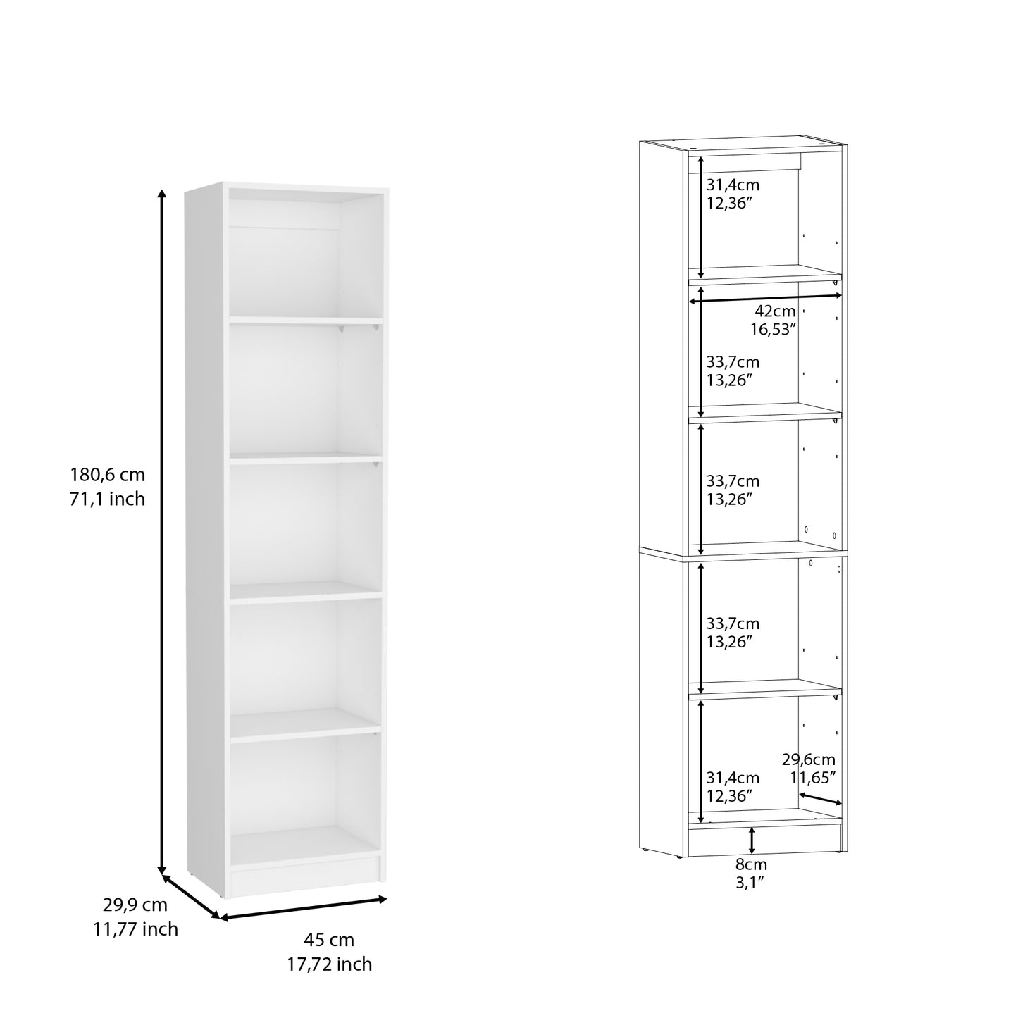 Tall white fiveshelf bookcase with dimensions of  cm height and  cm width