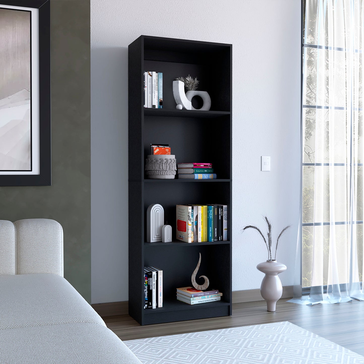 Tall black bookcase with five shelves displaying books and decorative items