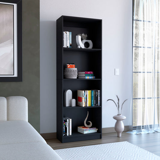 Tall black bookcase with five shelves displaying books and decorative items