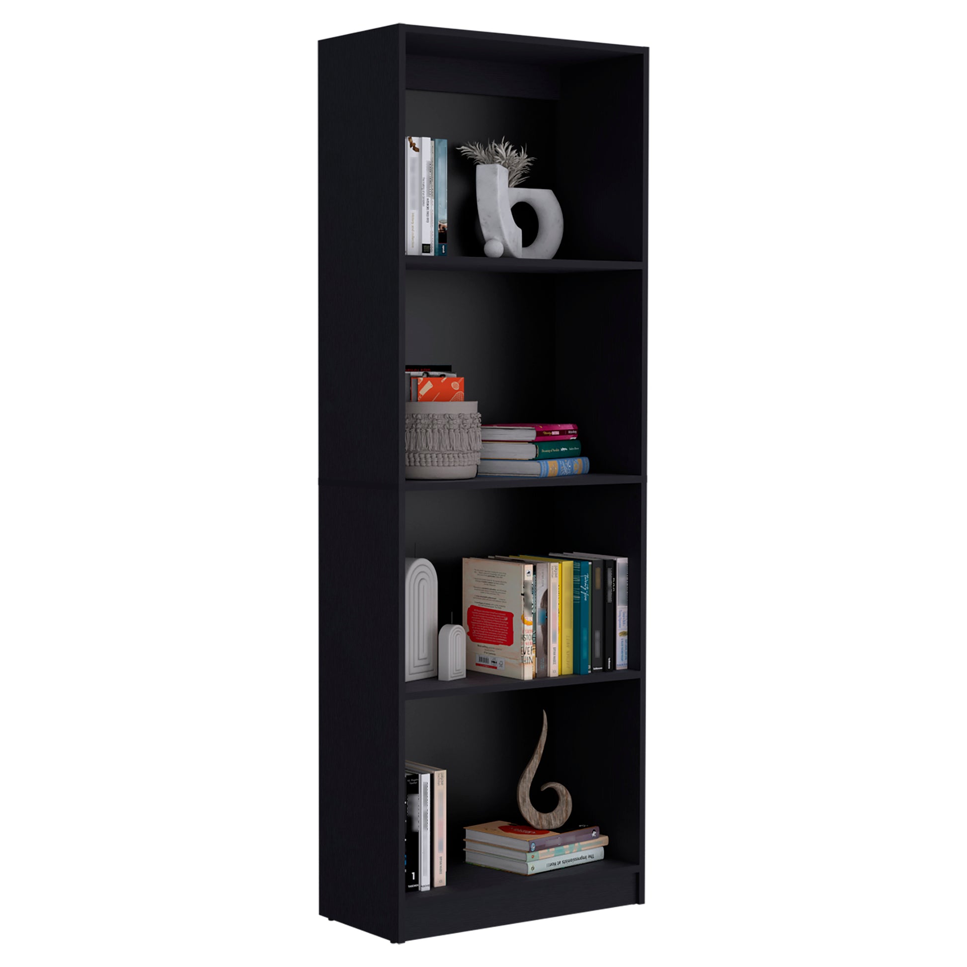 Tall black wood bookshelf with five shelves holding books and decor