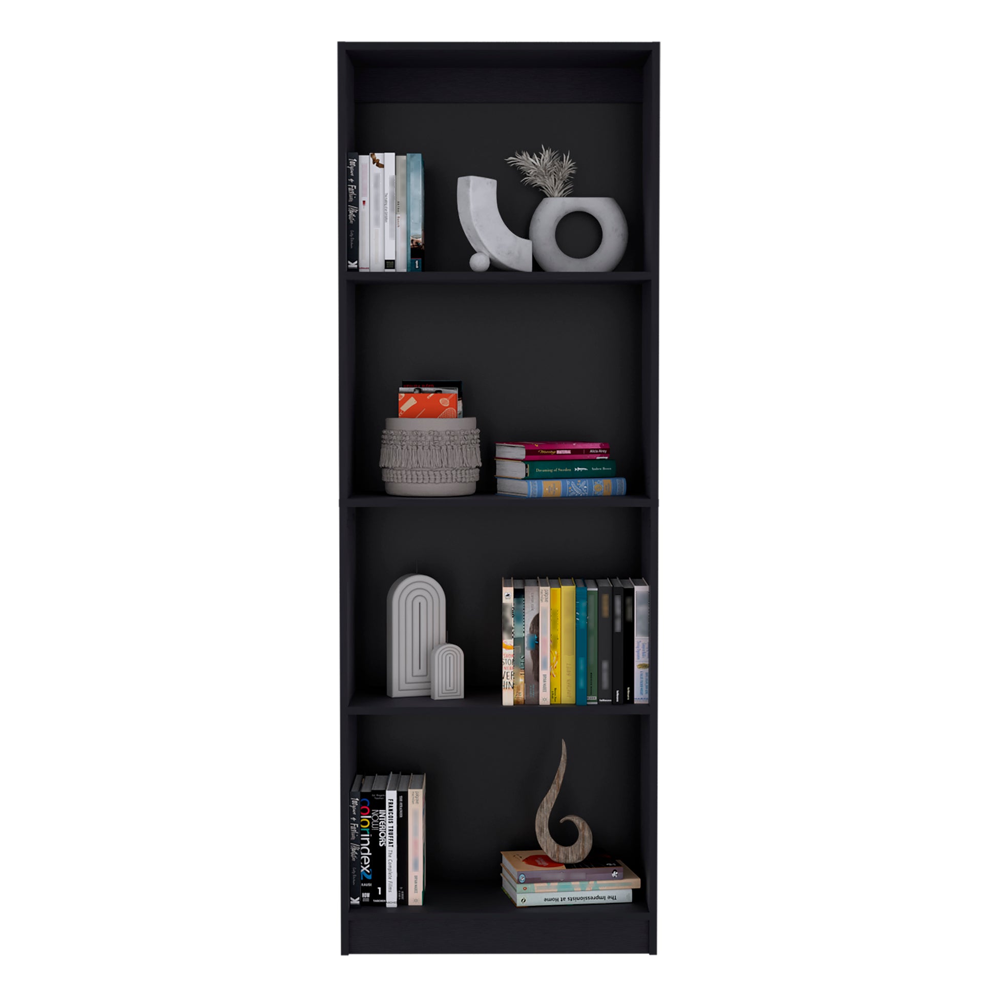 Tall black bookshelf with decorative items and books on shelves