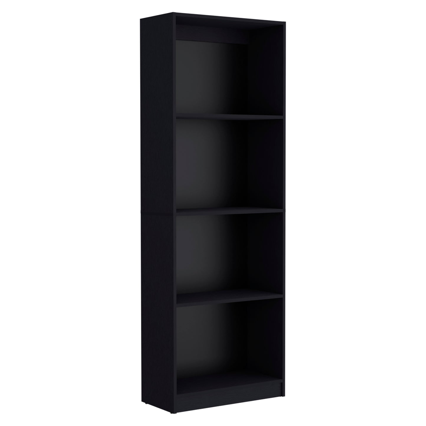 Sleek black tall bookcase with four adjustable shelves for home organization