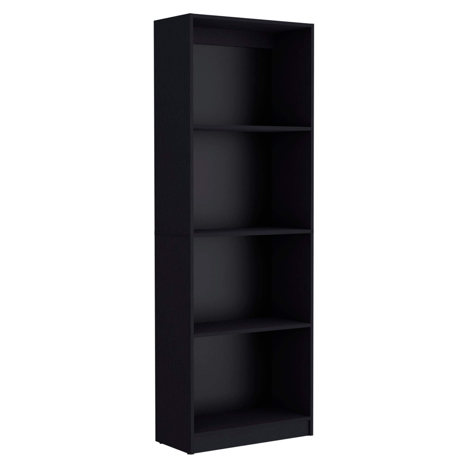 Sleek black tall bookcase with four adjustable shelves for home organization