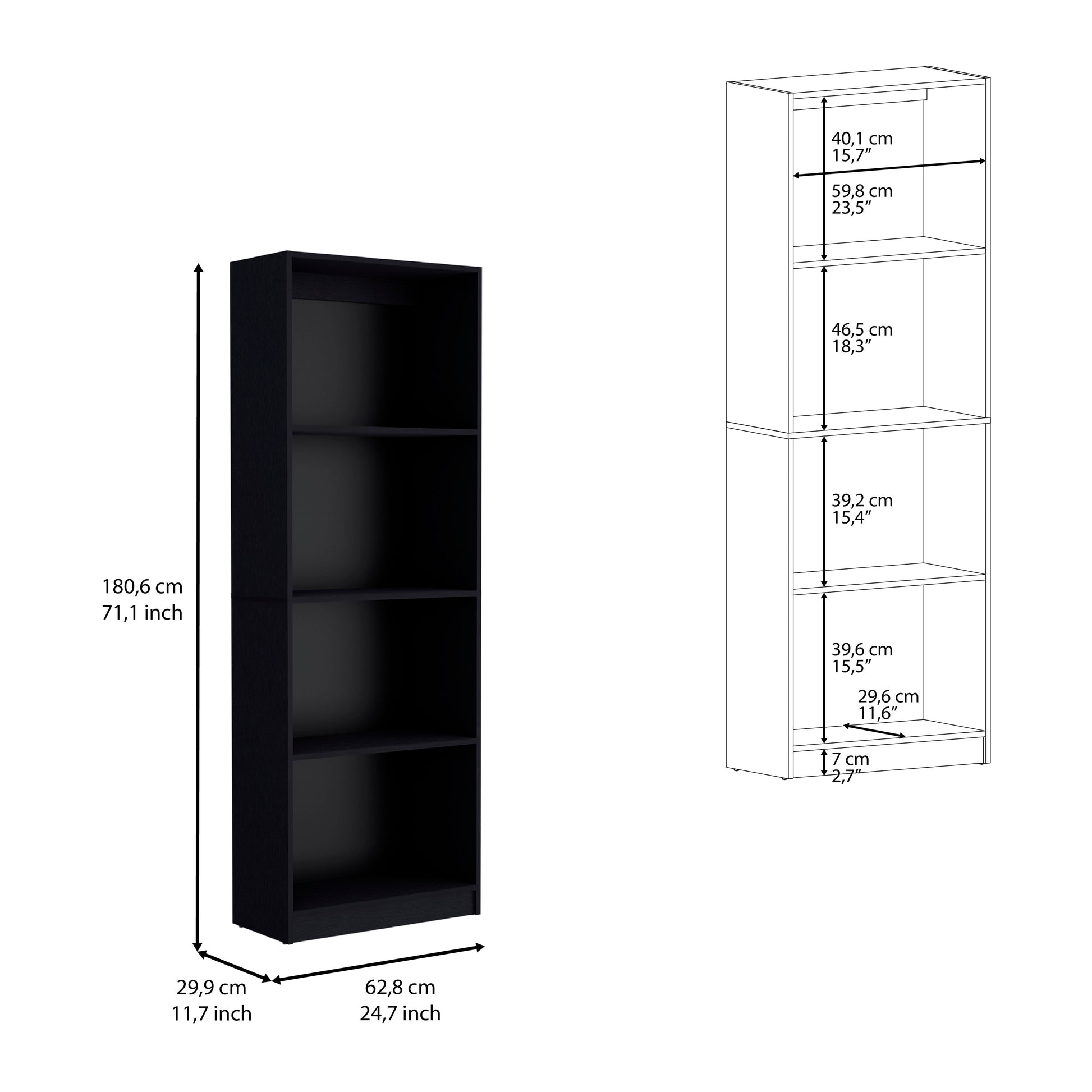 Black tall bookshelf with four shelves cm height perfect for home or office storage