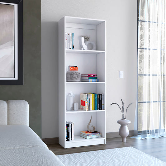 White shelf modern bookcase displaying books and decorative items
