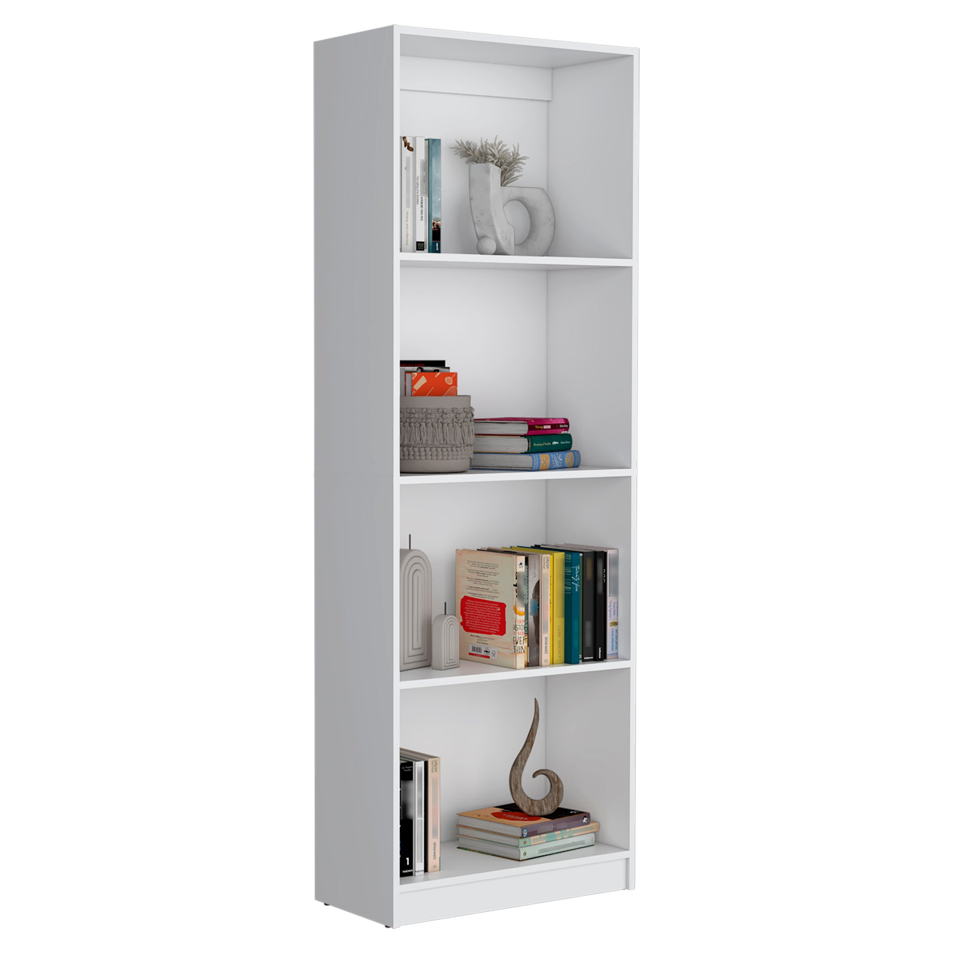 White minimalist bookcase with four shelves holding decorative items and books