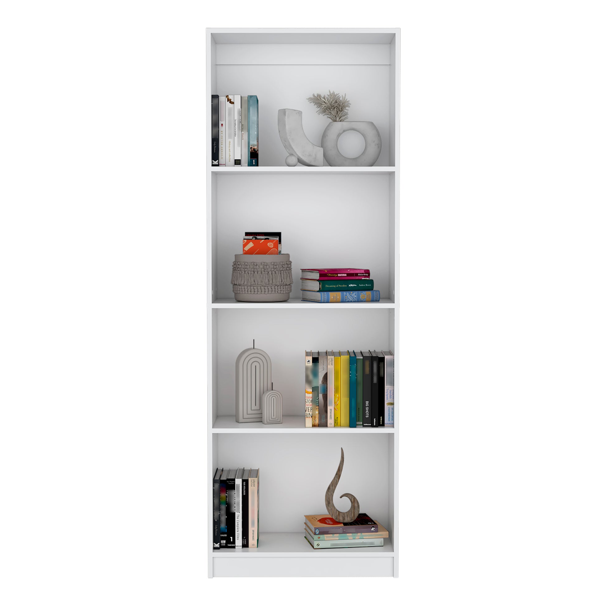 White modular bookshelf with books and decorative items
