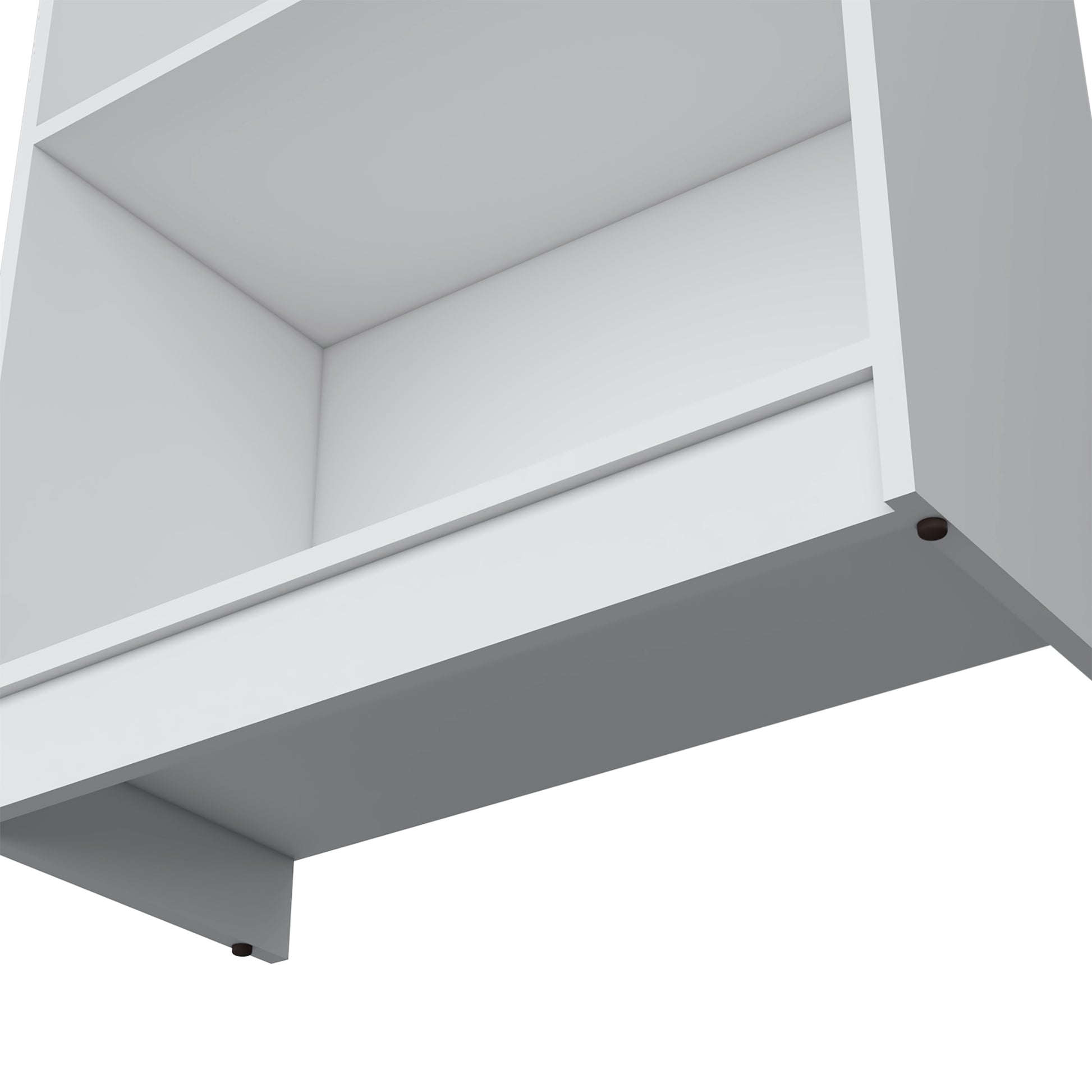 White minimalist modular bookshelf closeup on shelf edge with hidden fasteners