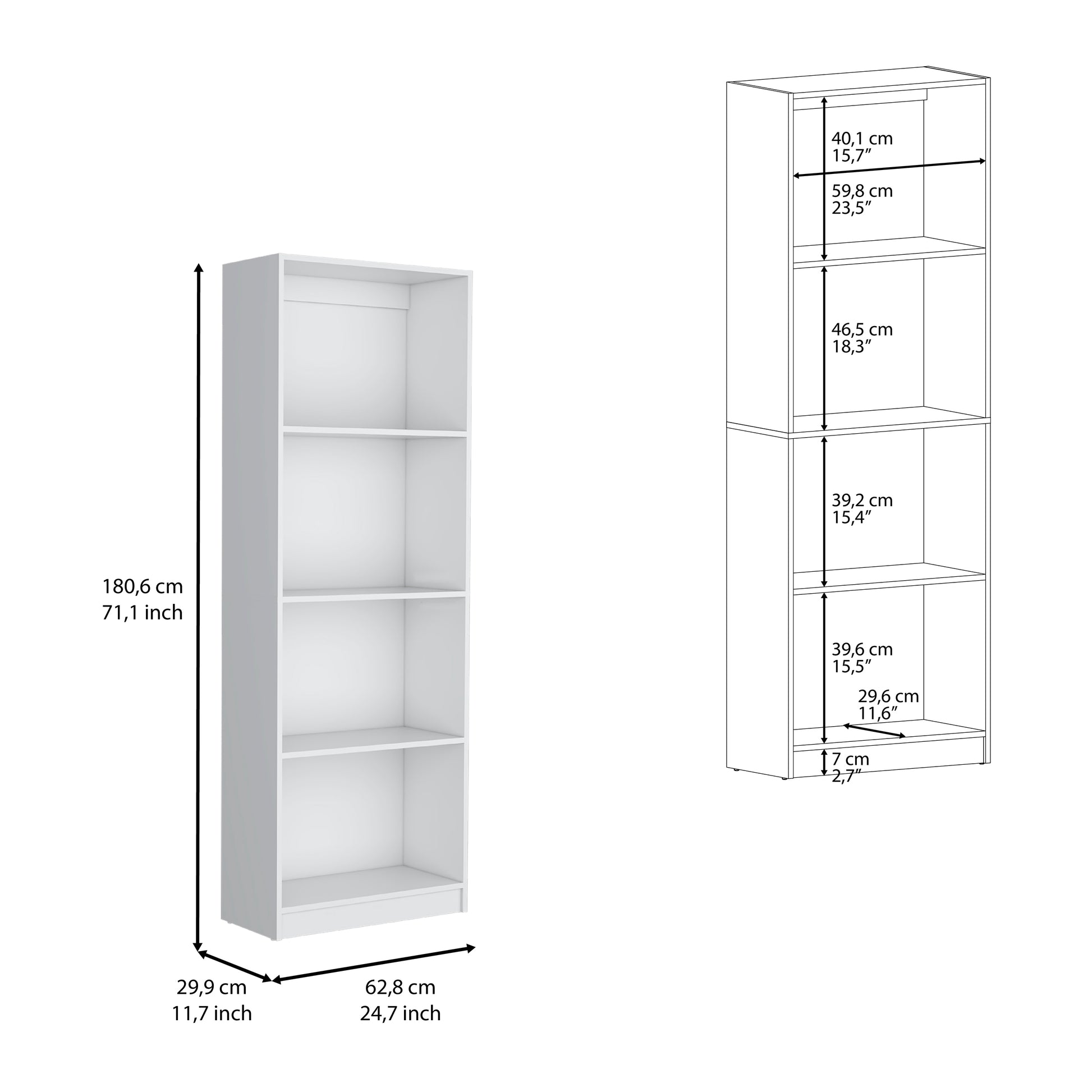 White fourshelf narrow bookcase  cm height  cm depth