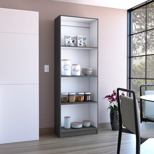 Tall grey and white kitchen shelving unit displaying ceramic canisters and jars of spices for pantry organization