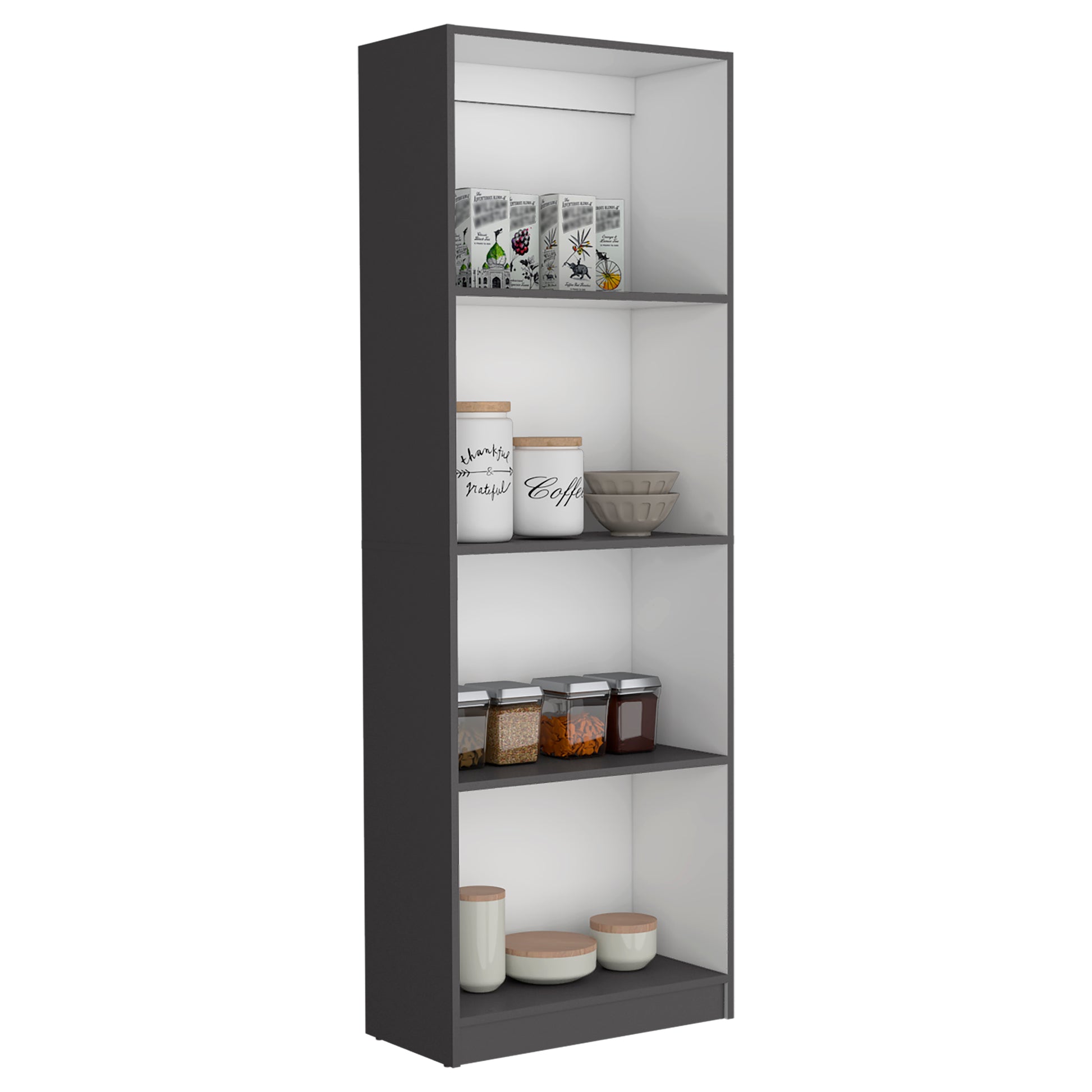 Tall narrow pantry cabinet in dark gray with white shelves holding various kitchen canisters