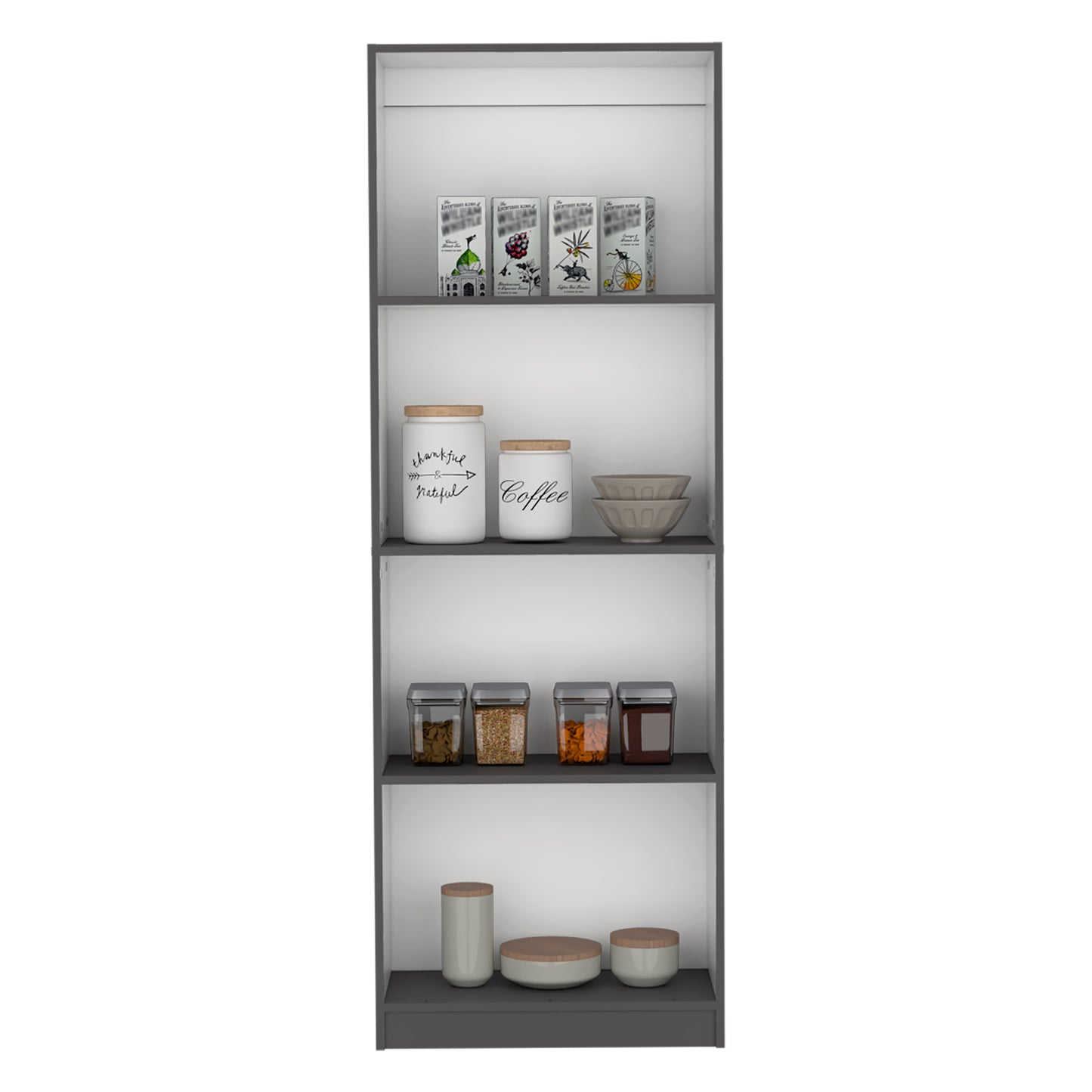 Four illustrated boxes of tea on a shelf featuring whimsical designs