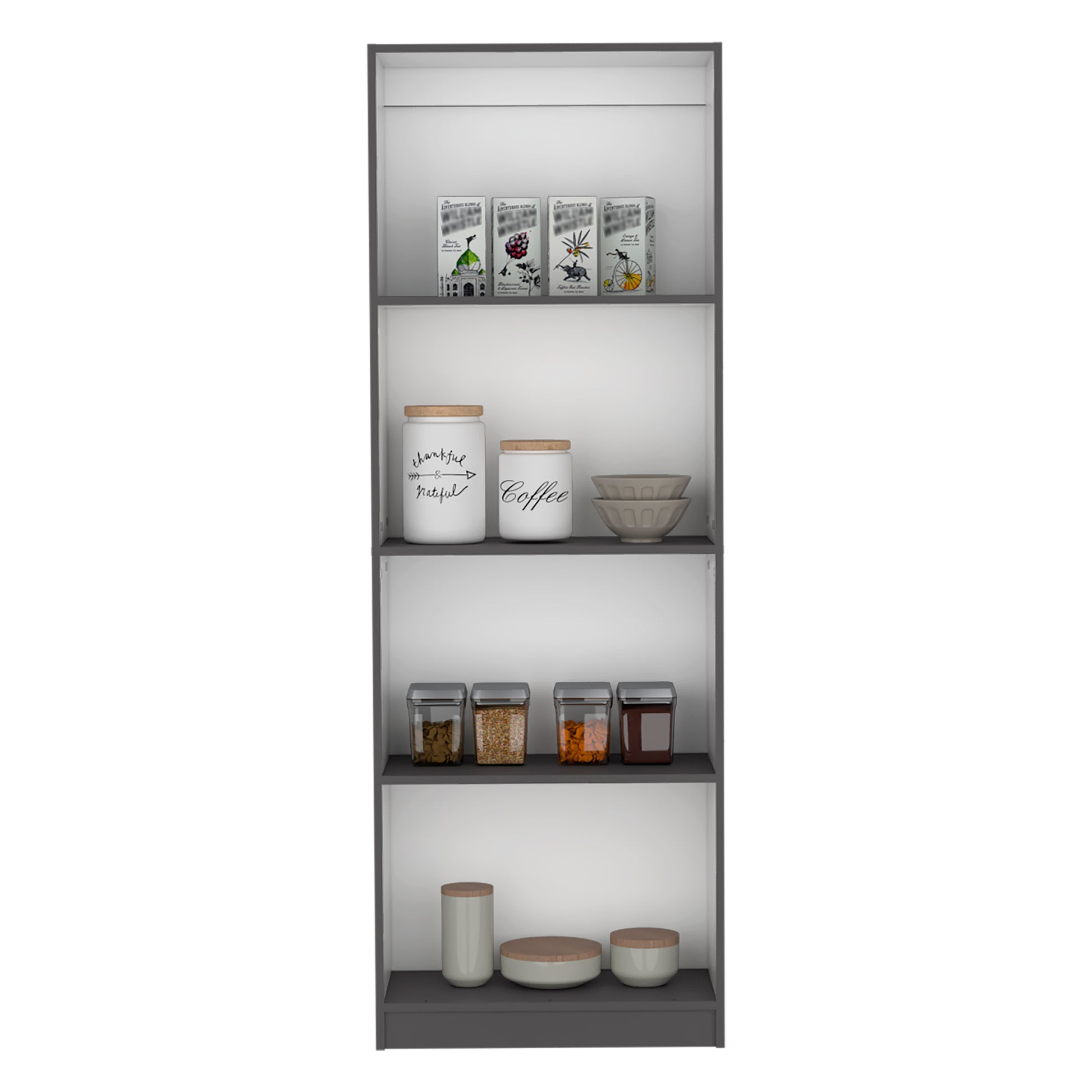 Four illustrated boxes of tea on a shelf featuring whimsical designs