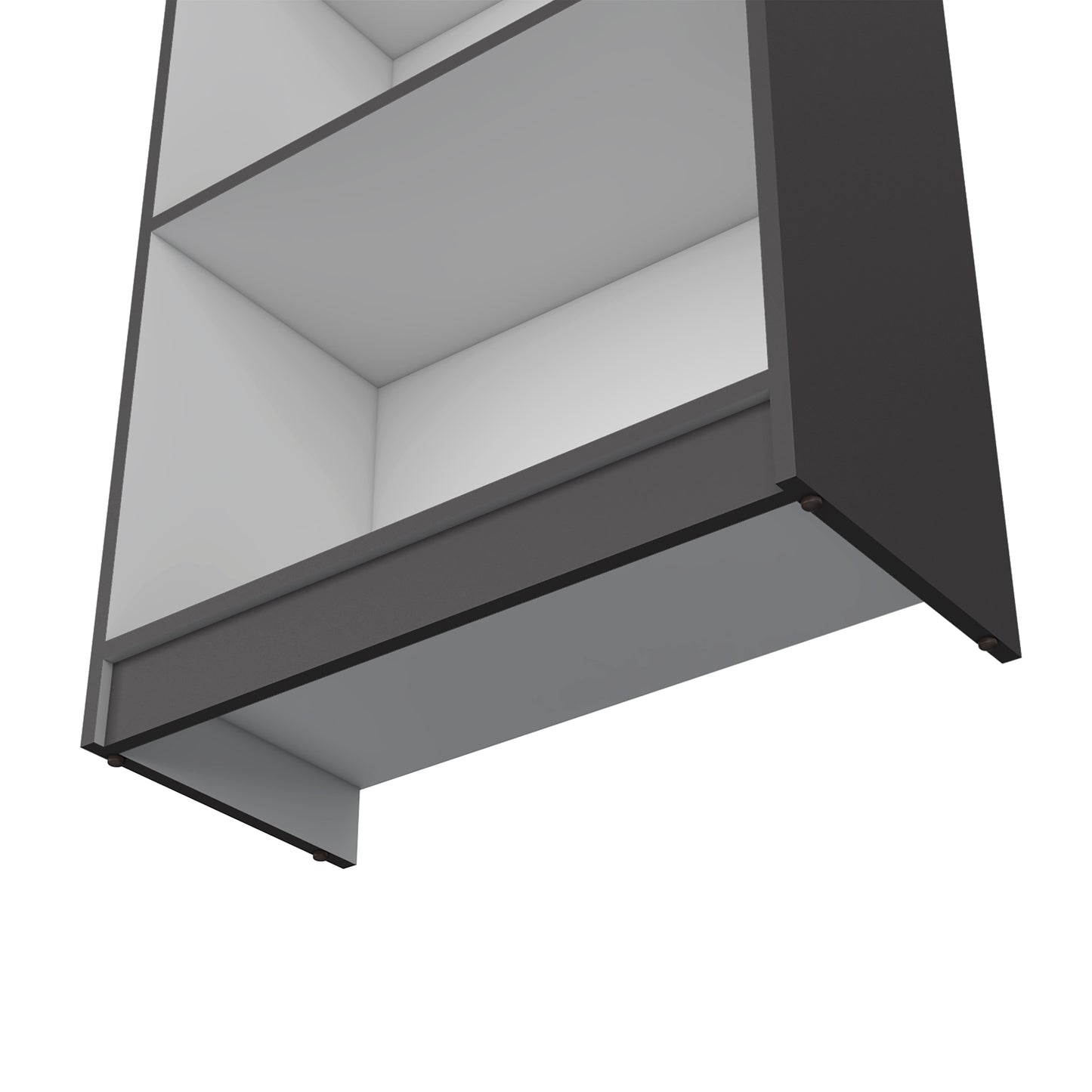 Closeup of a dark gray modern twotier modular bookshelf unit
