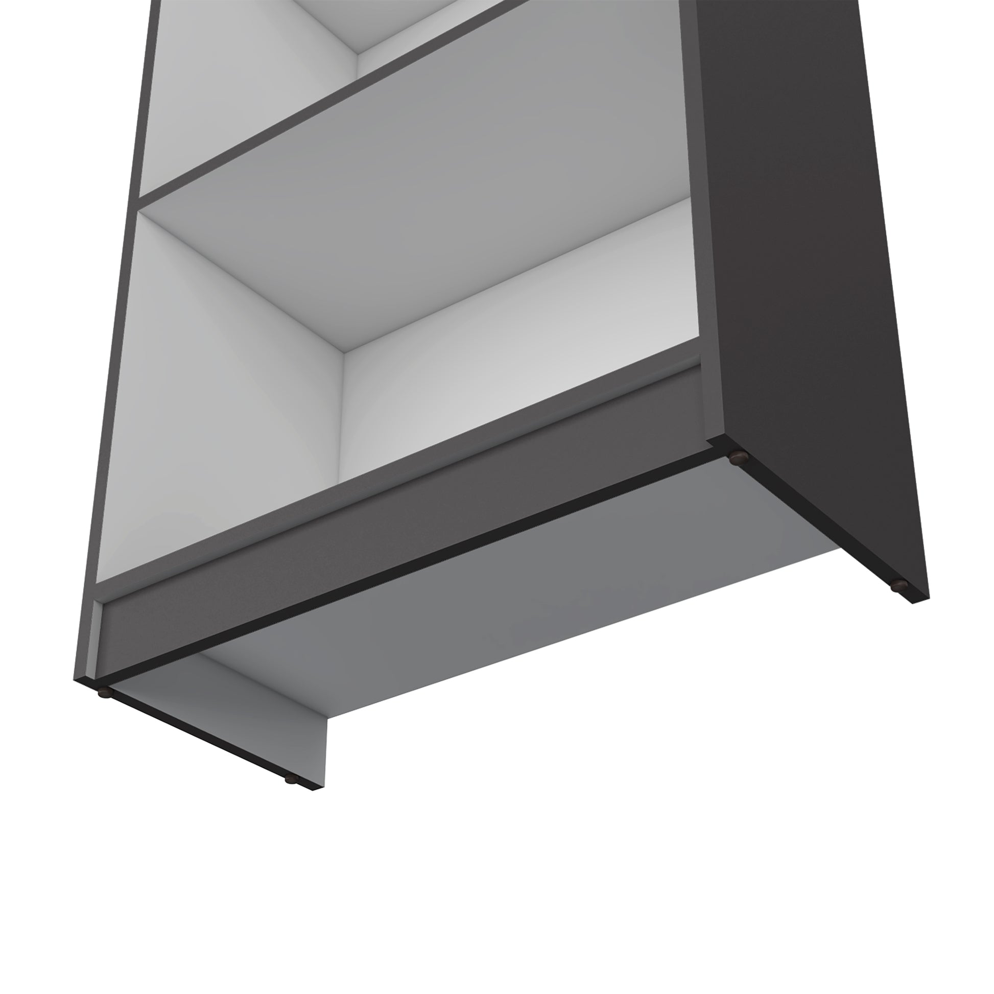 Closeup of a dark gray modern twotier modular bookshelf unit