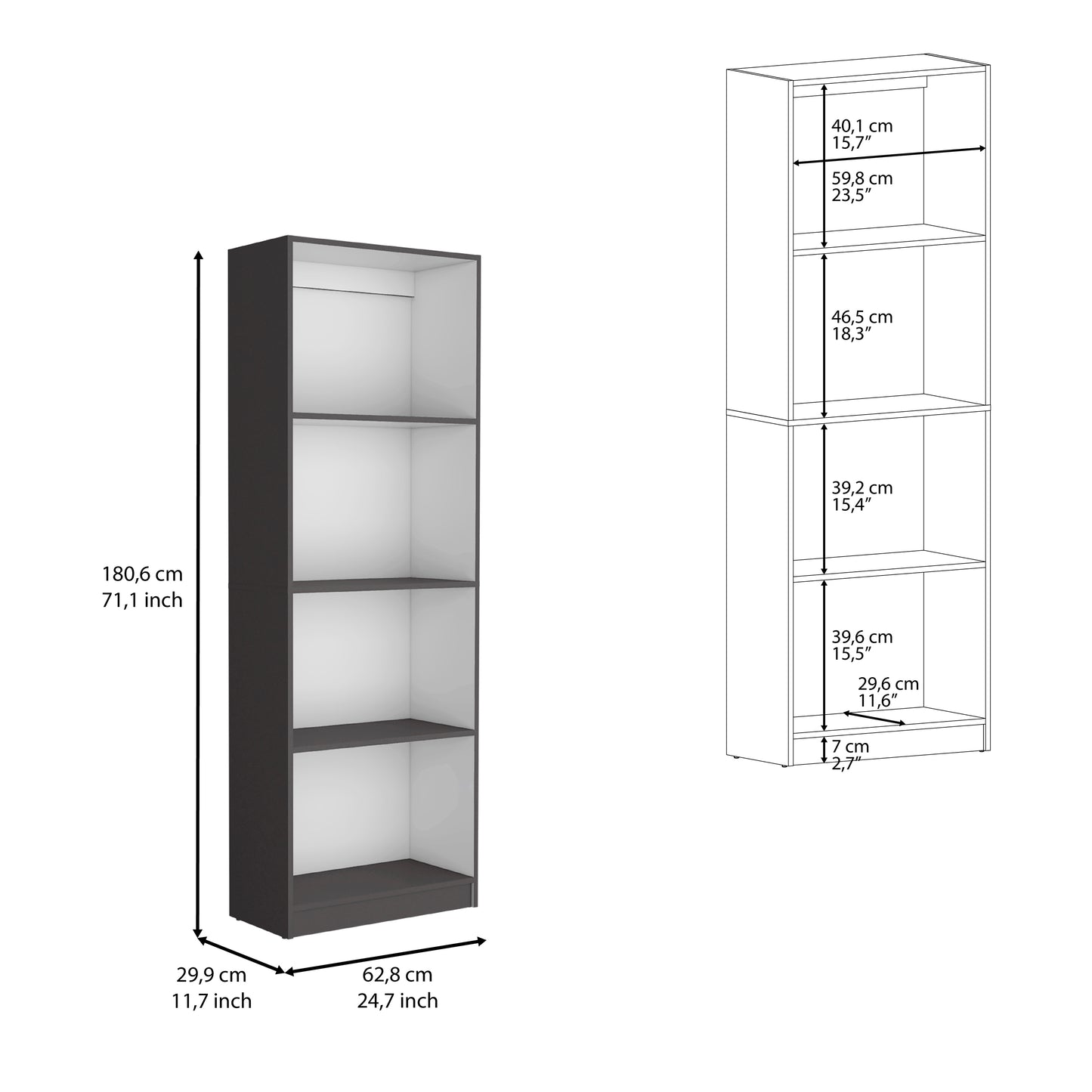 Tall narrow bookshelf in dark grey with white interior featuring four open shelves for display or storage