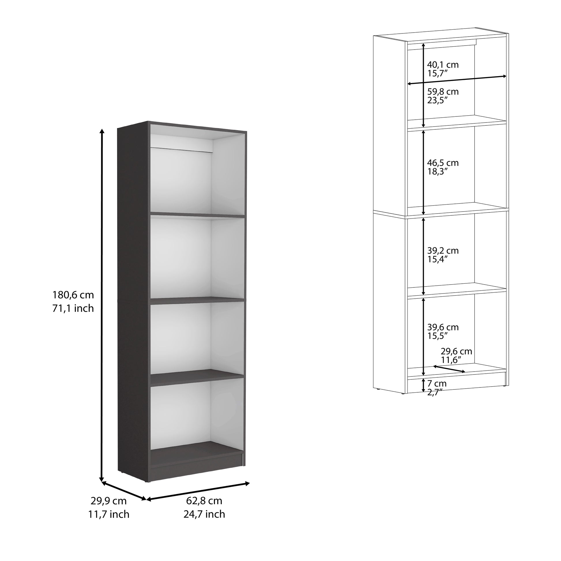 Tall narrow bookshelf in dark grey with white interior featuring four open shelves for display or storage
