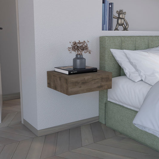 Modern floating nightstand in distressed wood finish with one drawer