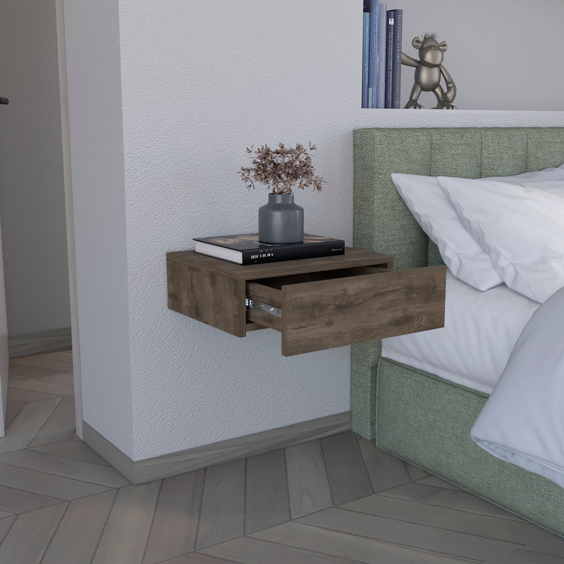 Floating nightstand with rustic wood finish and open drawer