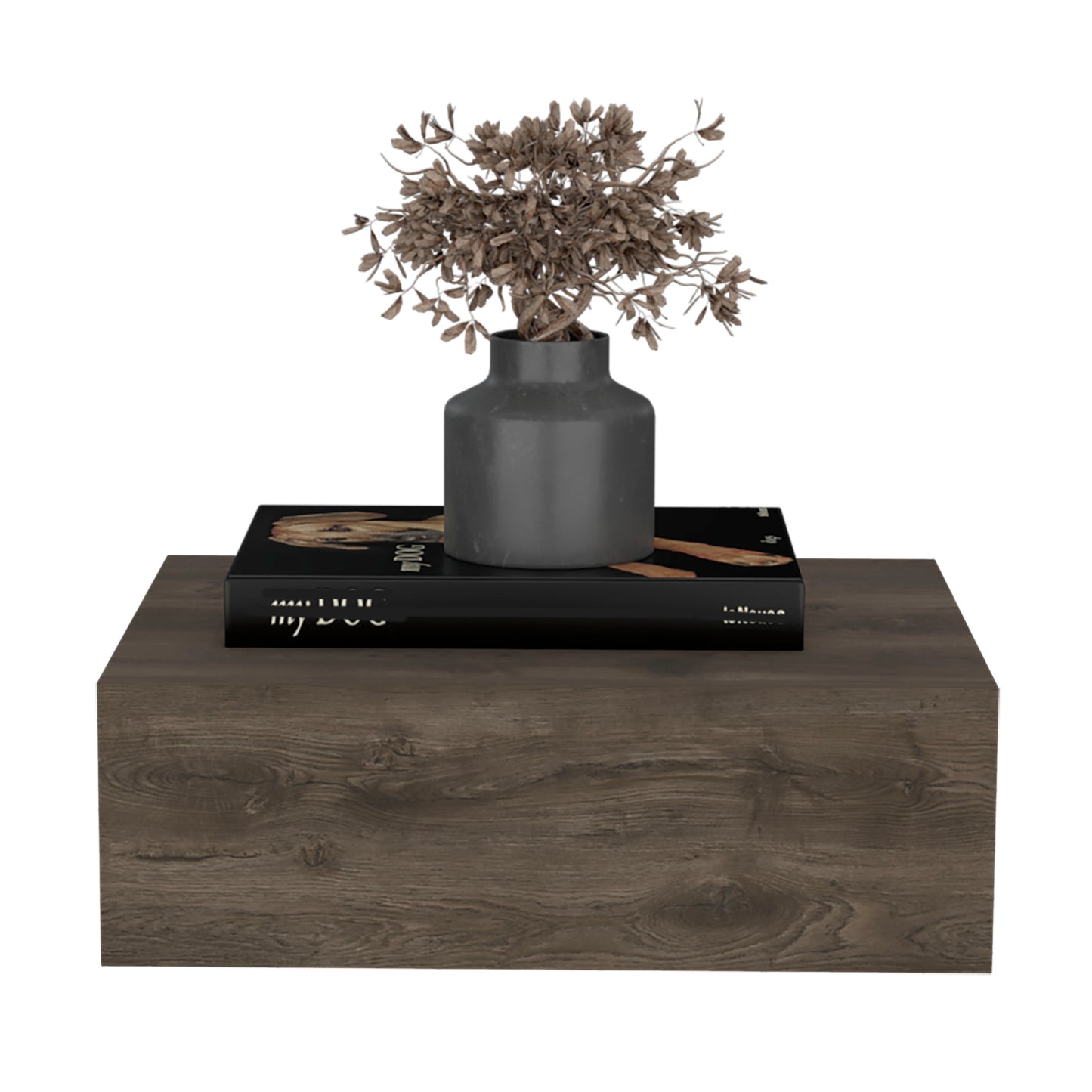 Dark gray minimalist vase with dried branches on a dark wood shelf