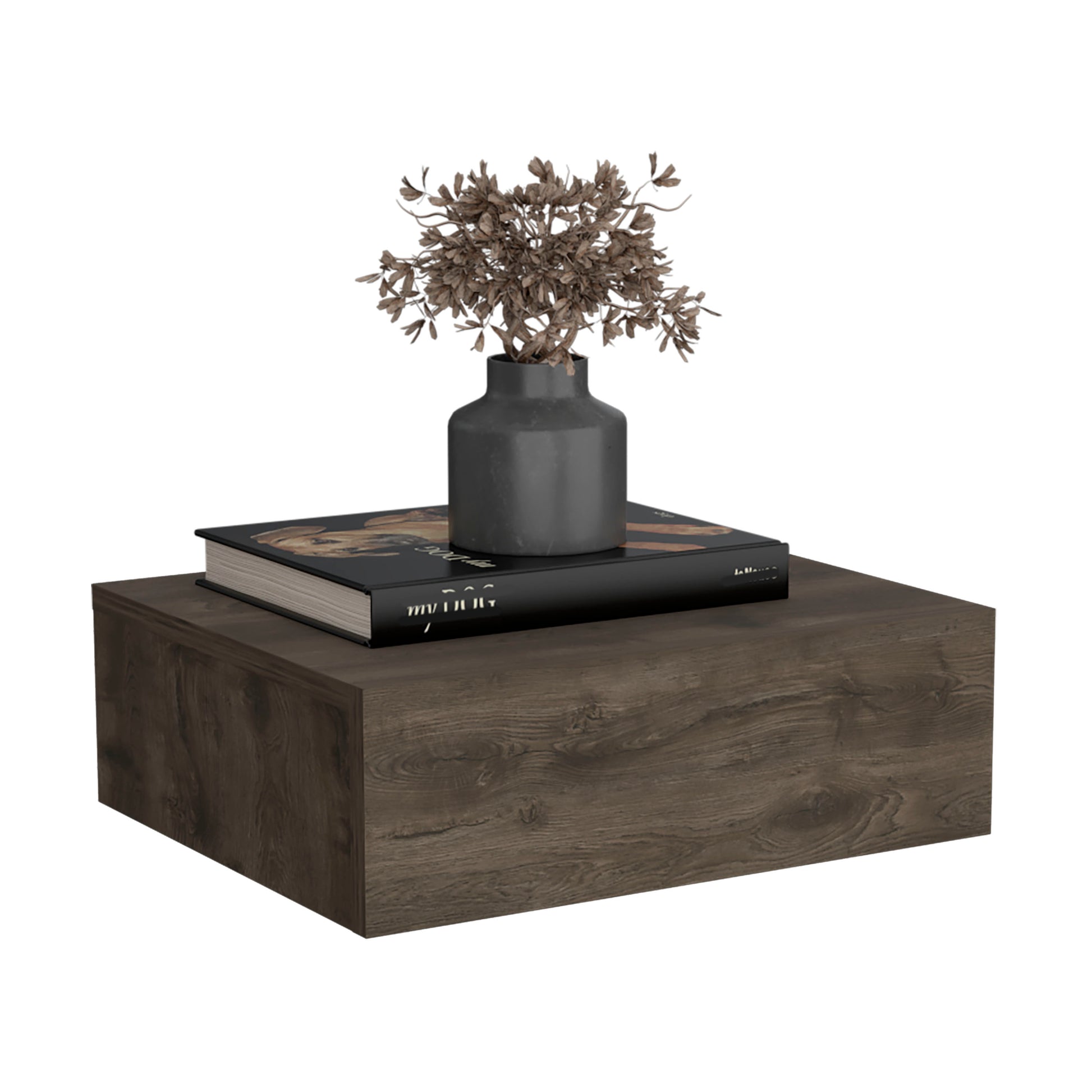 Dark oak floating shelf with textured wood grain holding a dark vase with dried plants