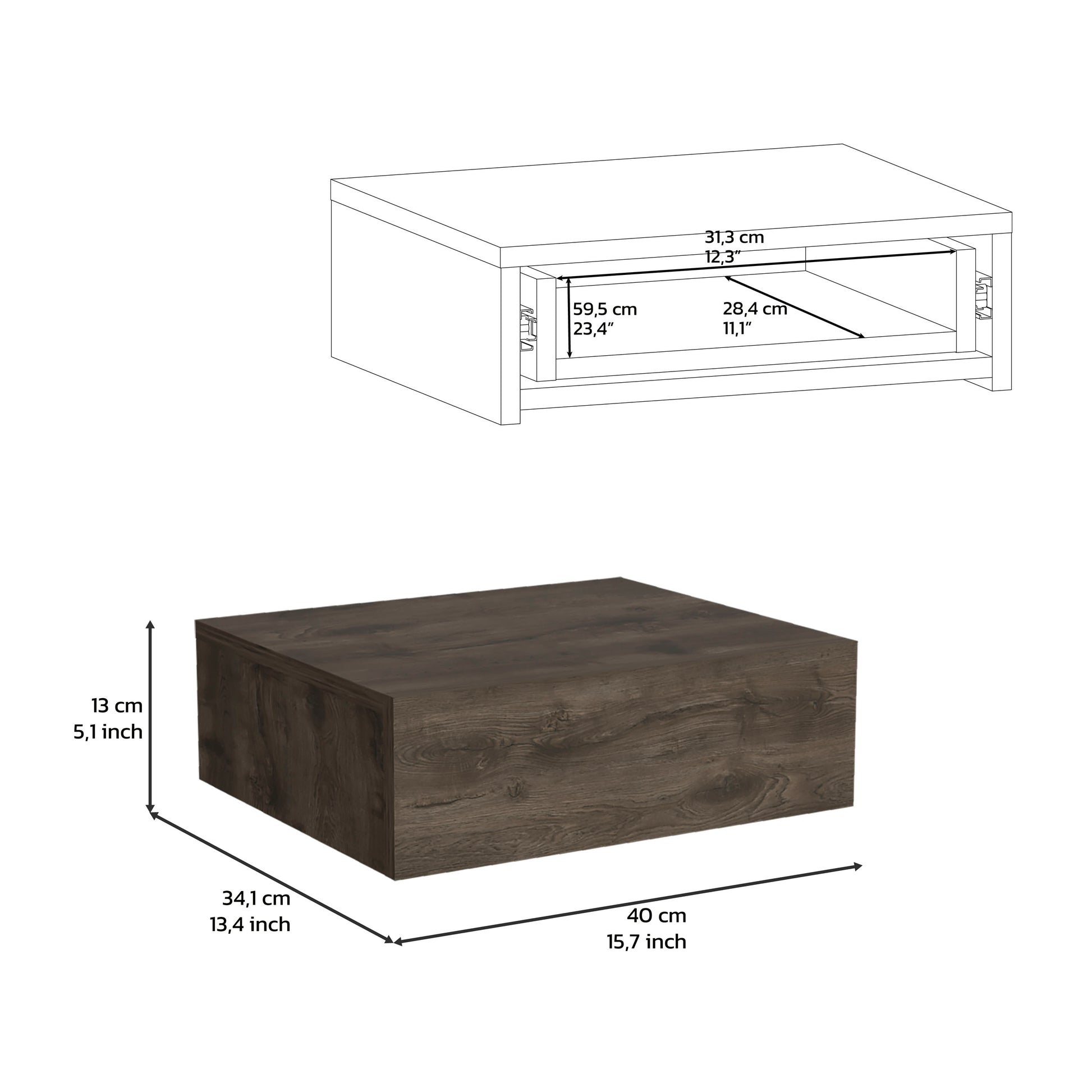Dark wood effect coffee table with a drawer dimensions xx cm