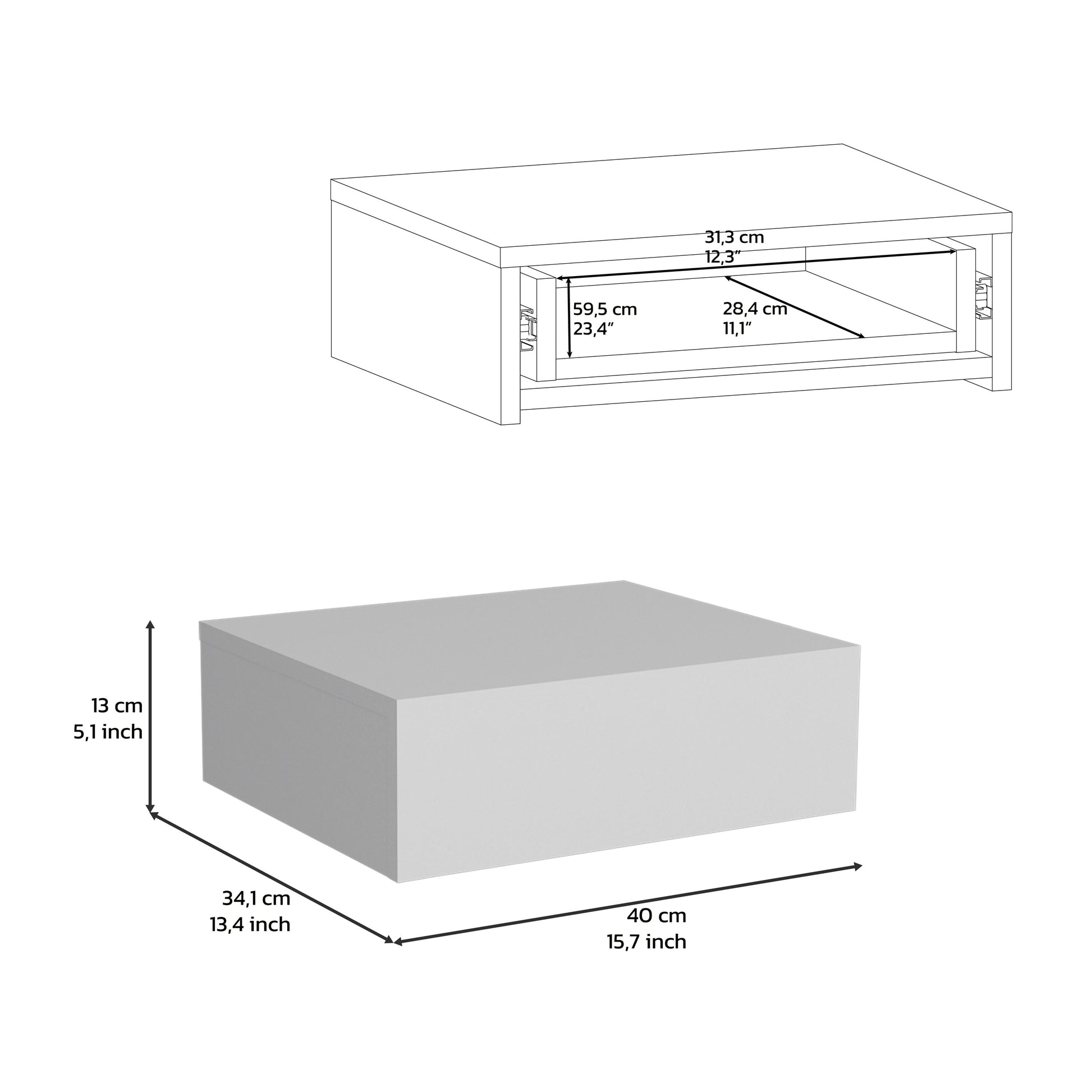 White modern storage cube with dimensions shown
