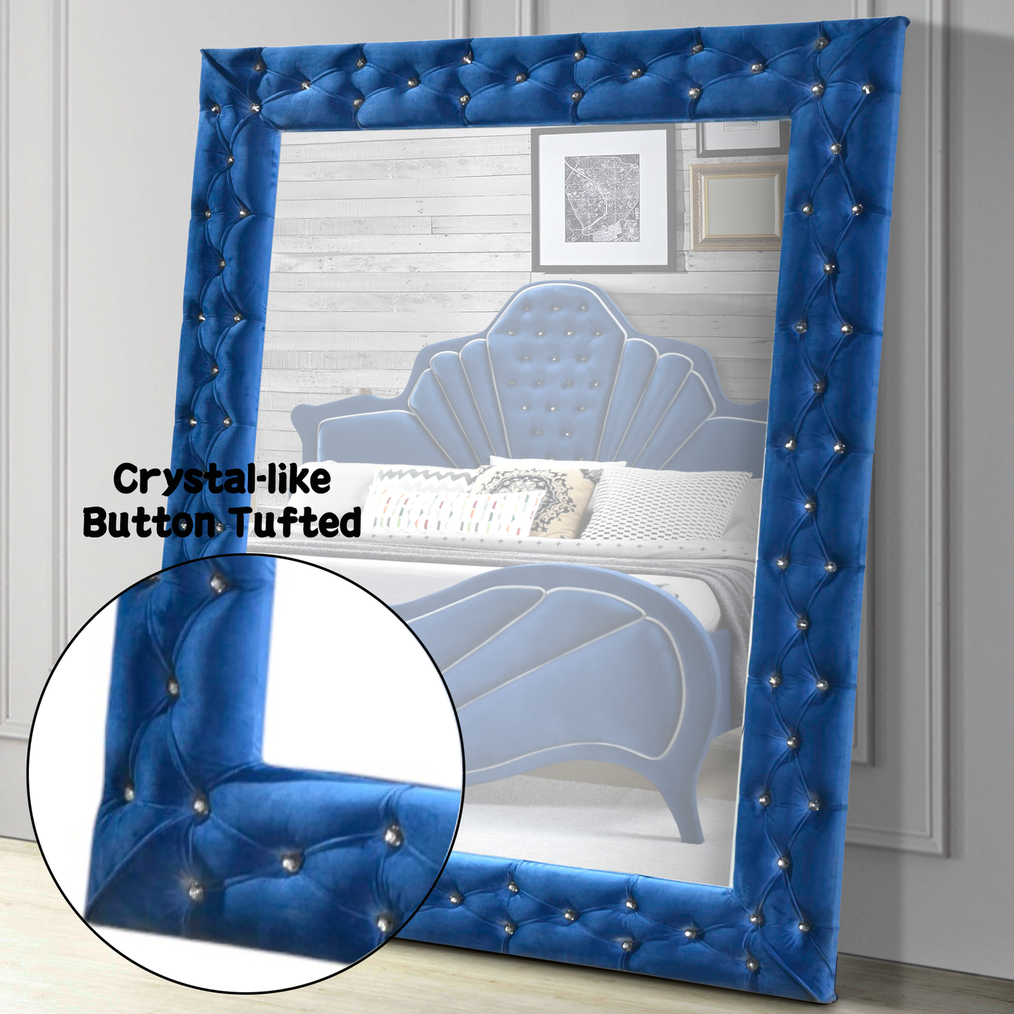 Luxurious blue velvet floor mirror with crystallike button tufting for opulent living room decor
