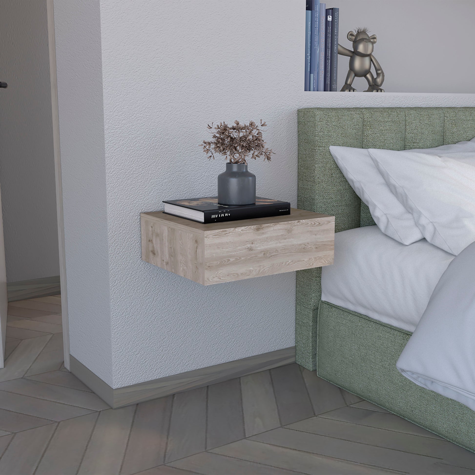 Floating nightstand with light wood grain finish perfect for bedside storage