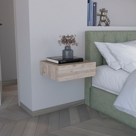 Floating nightstand with light wood grain finish perfect for bedside storage