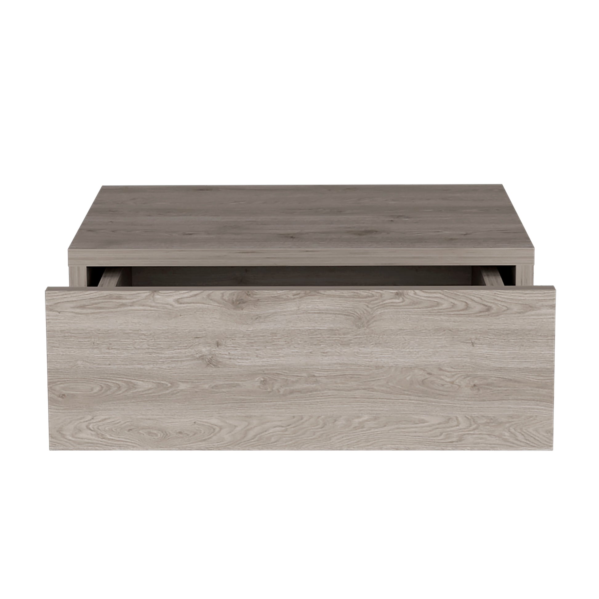 Modern gray wood filing cabinet with one open drawer and a sleek design