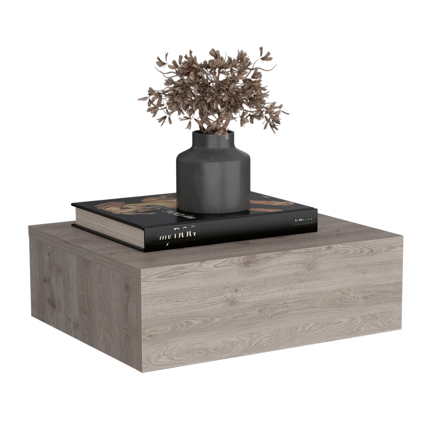 Modern grey wood floating shelf with a dark vase and dried flowers