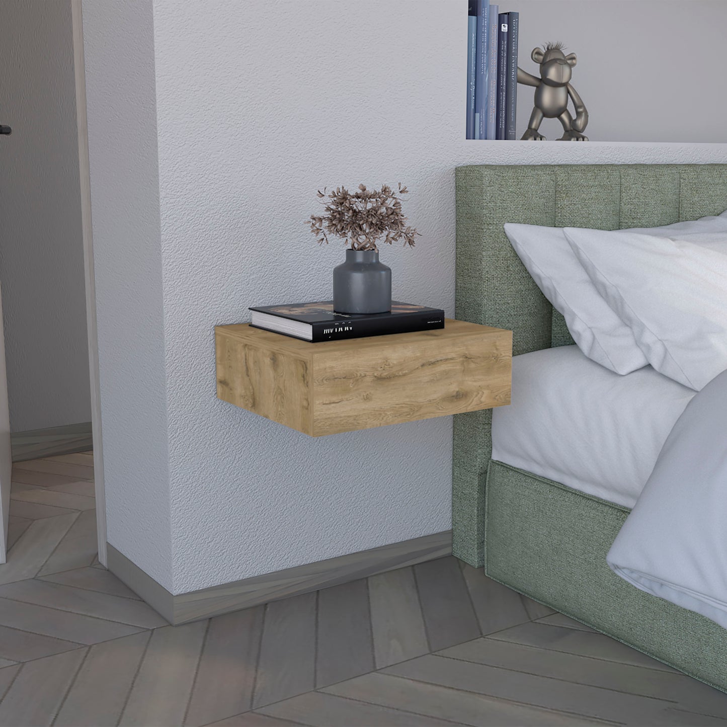 Modern wallmounted nightstand in light oak wood finish with subtle grain details