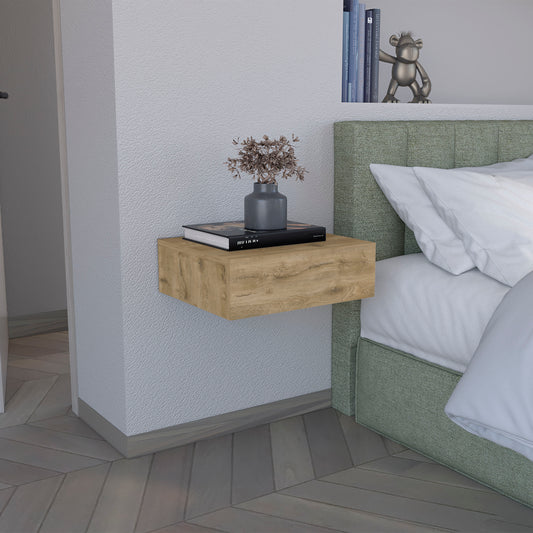 Modern wallmounted nightstand in light oak wood finish with subtle grain details
