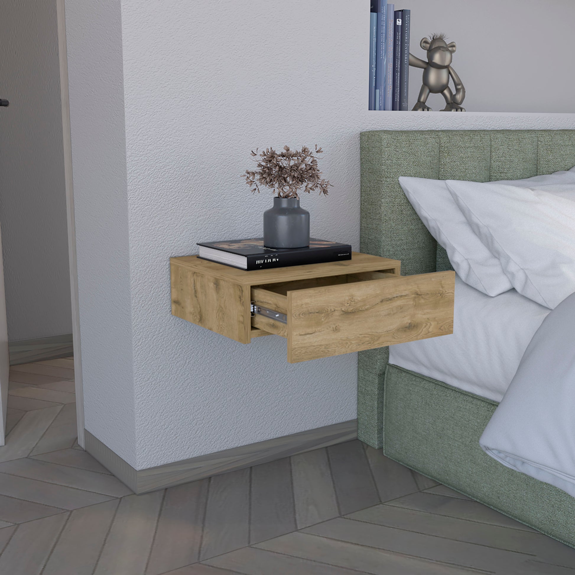 Modern oak veneer floating nightstand with open drawer minimal design