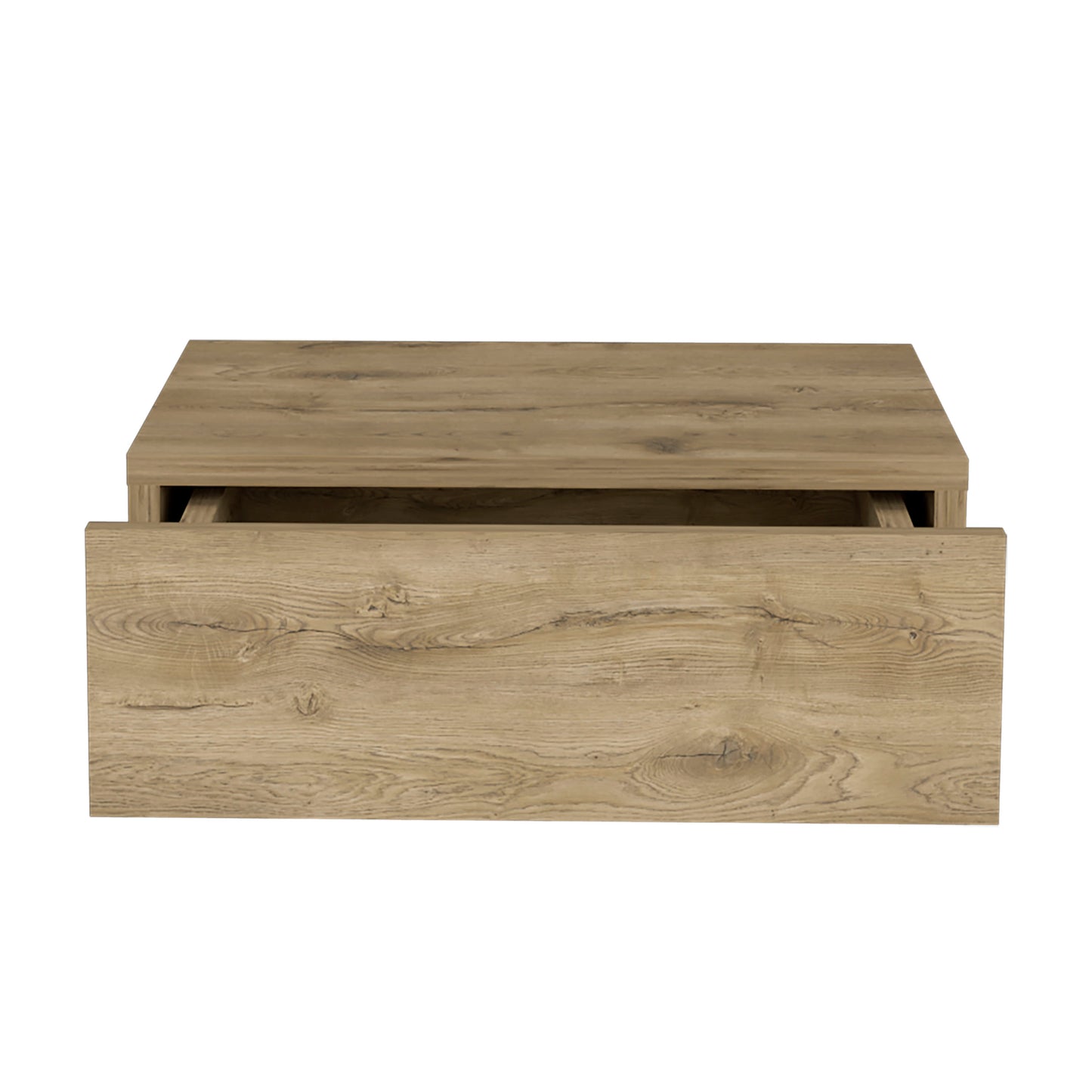 Modern oak effect floating drawer with open compartment for bedside storage