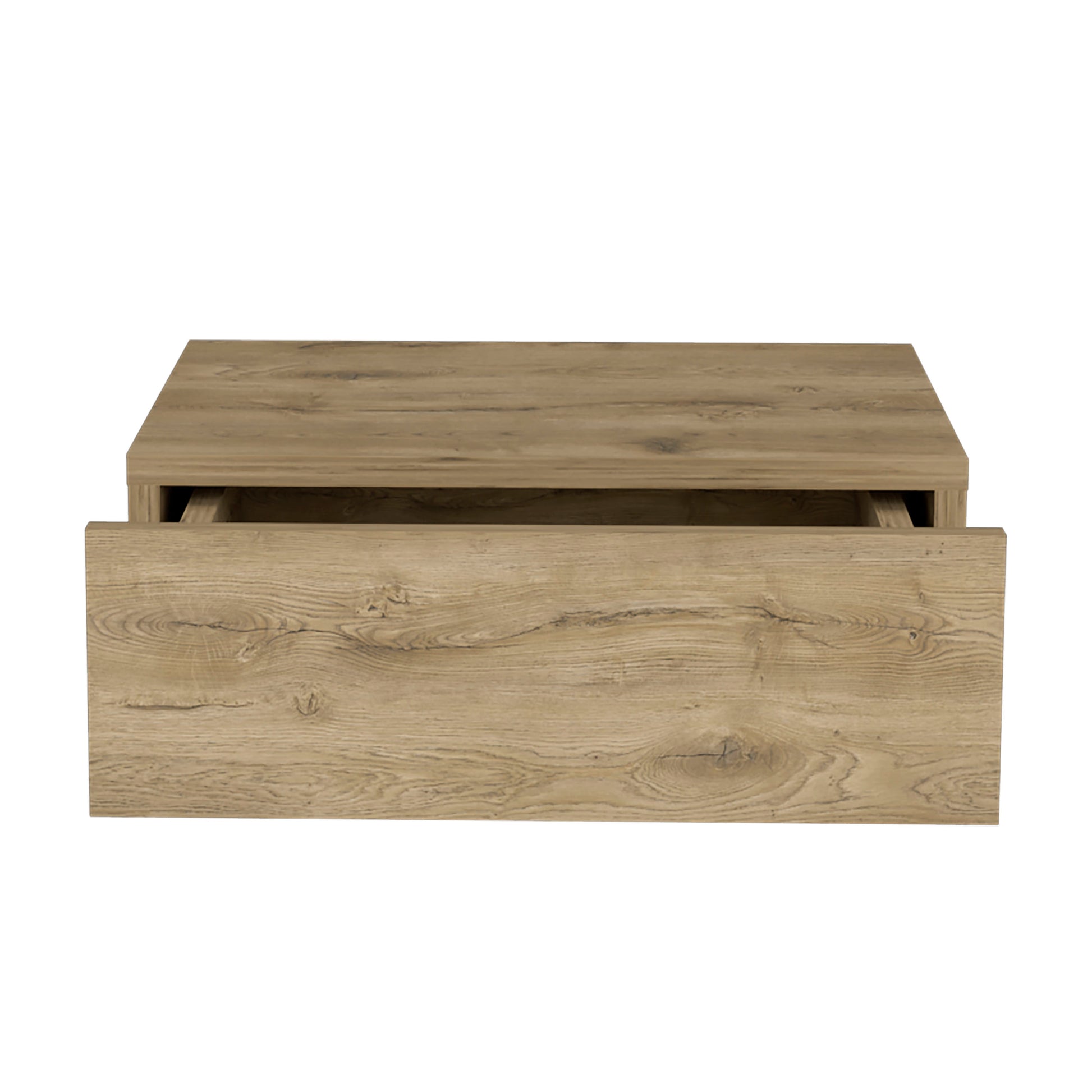 Modern oak effect floating drawer with open compartment for bedside storage
