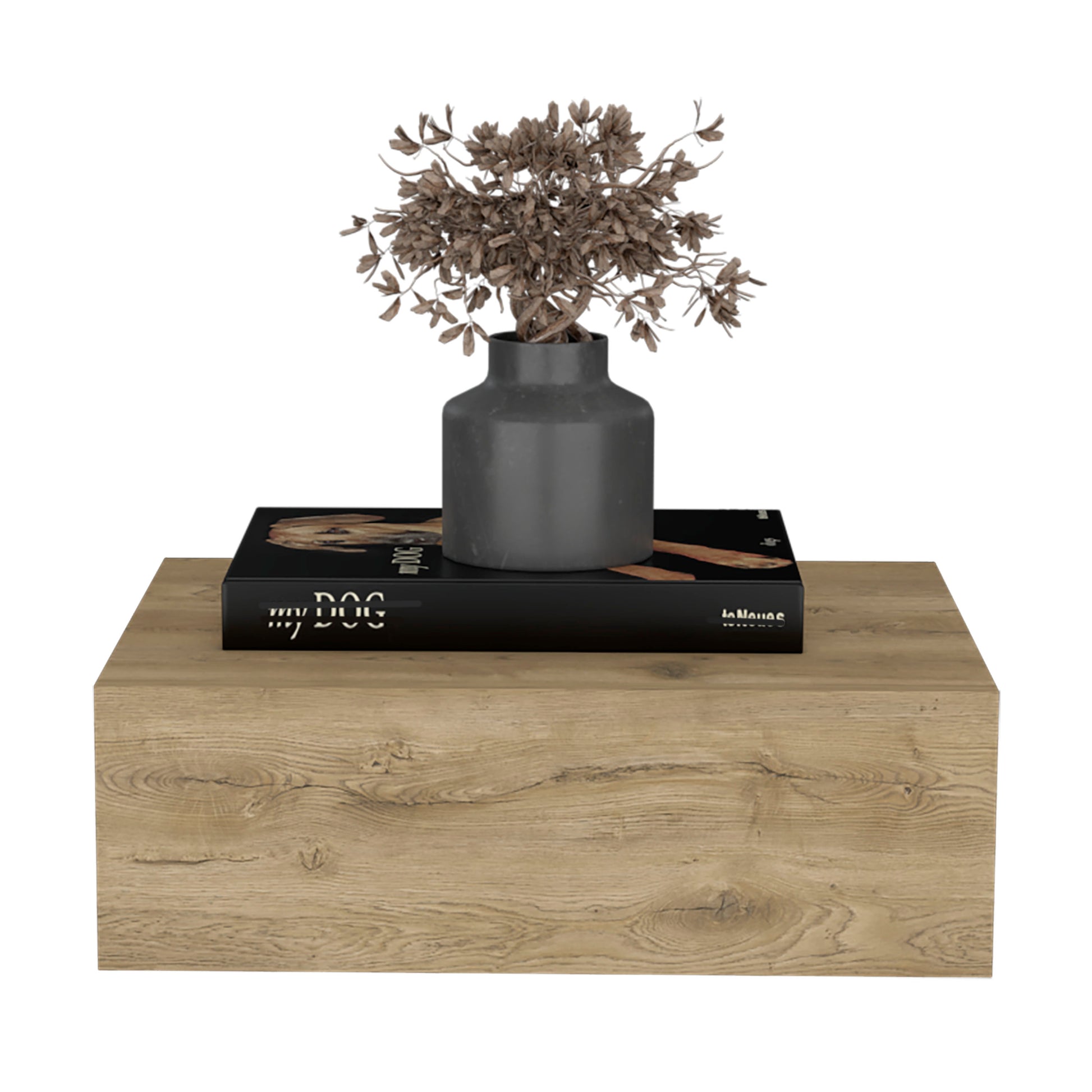 Light oak floating shelf displaying a dark vase with dried flowers and a My Dog book