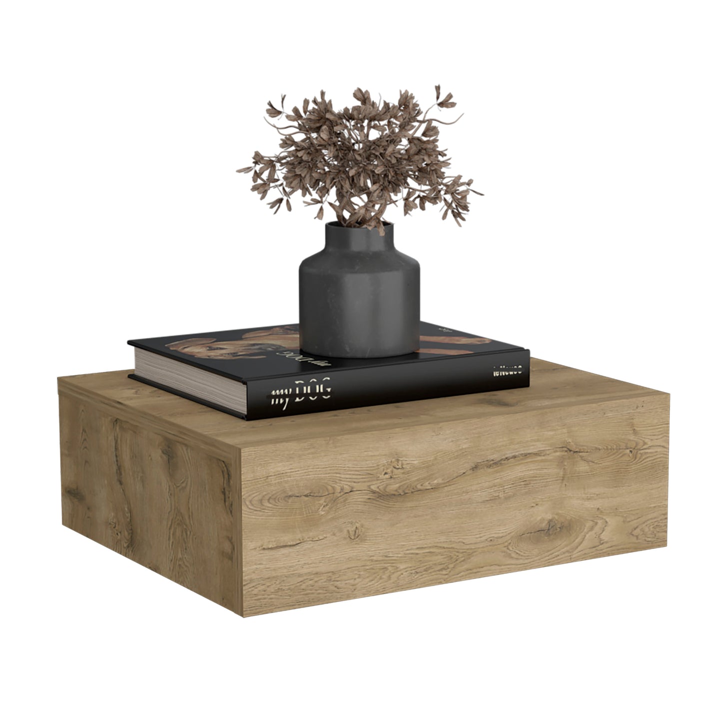 Floating oak shelf with dark vase and dried plant