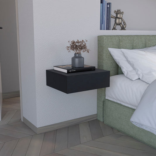 Floating nightstand in dark gray laminate with a minimalist design perfect for modern bedrooms