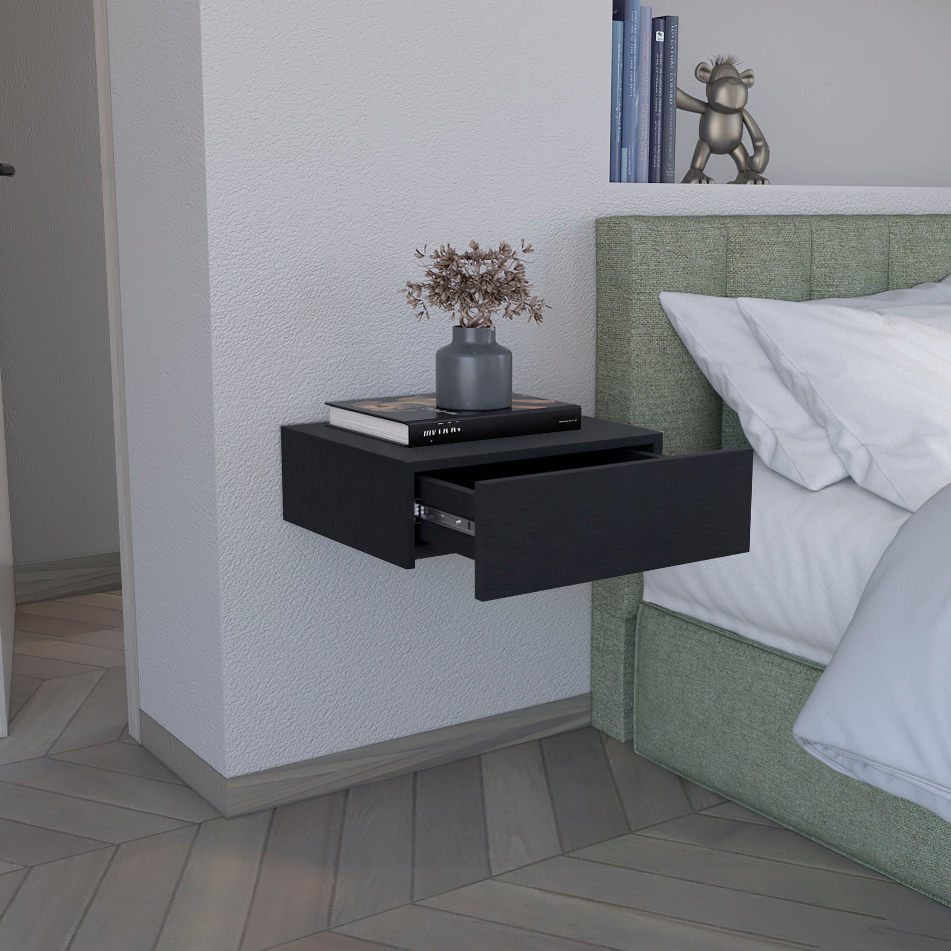 Sleek modern charcoal gray floating nightstand with an open drawer perfect for bedside storage