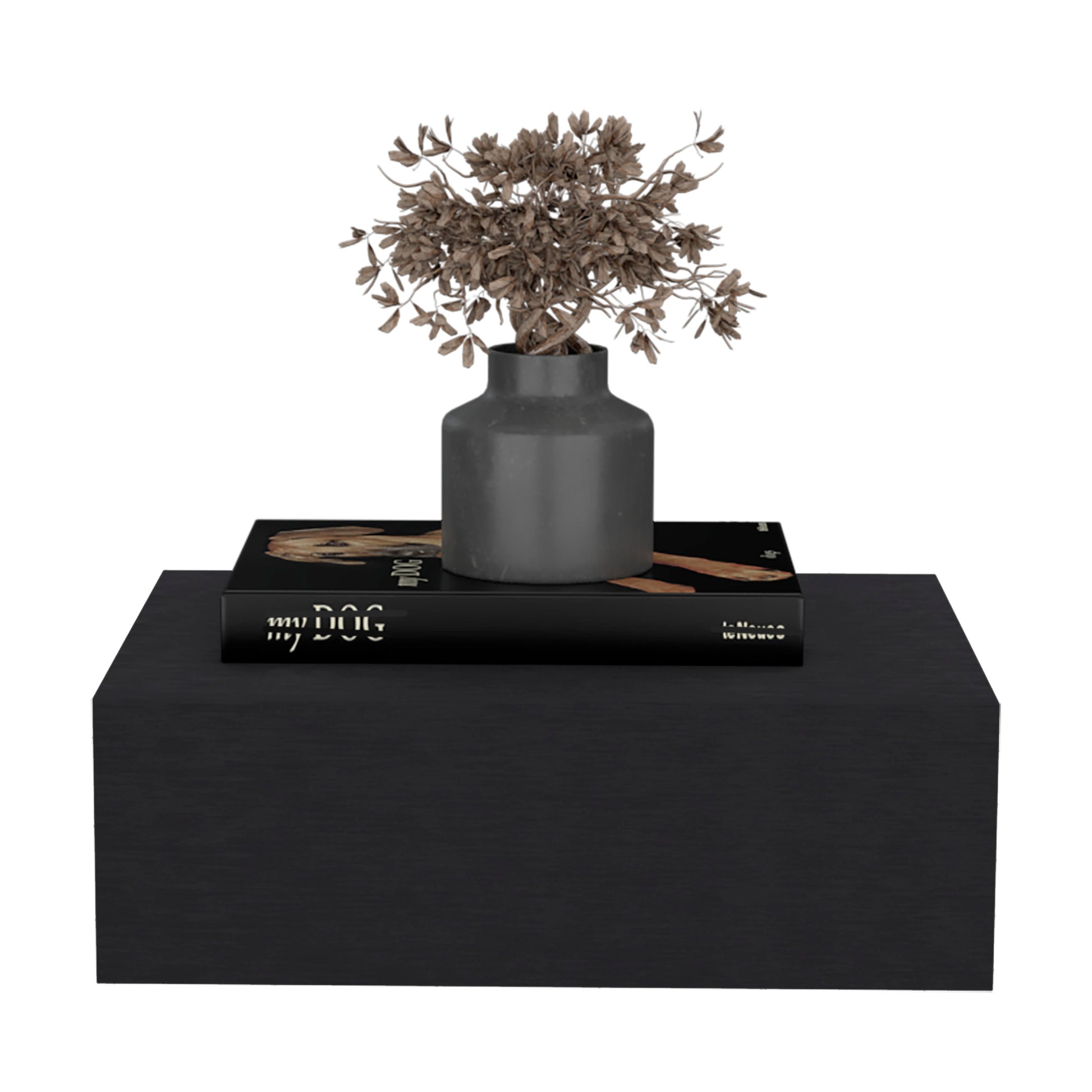 Gray ceramic vase with dried floral arrangement on a black shelf