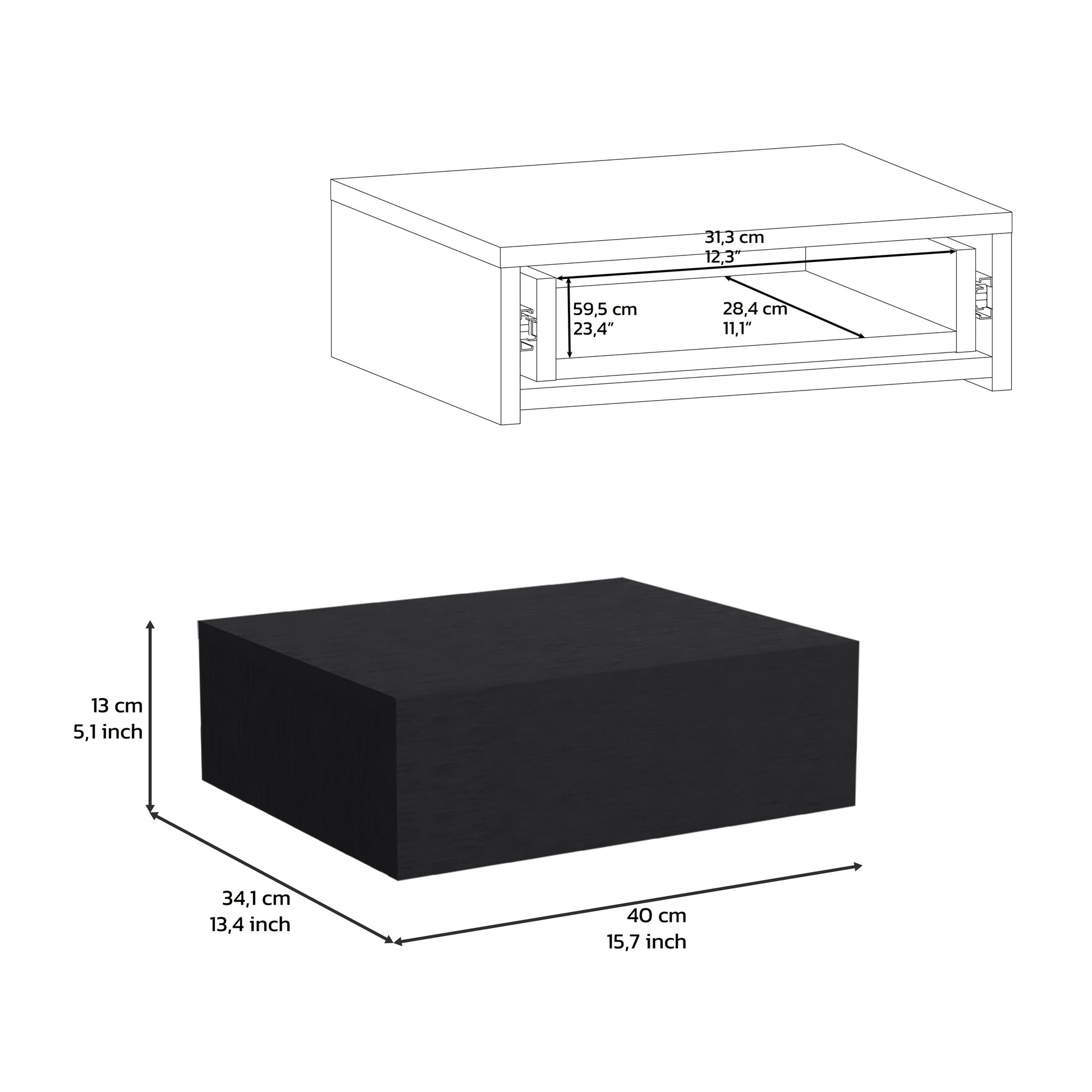 Black wooden side table with dimensions xx cm