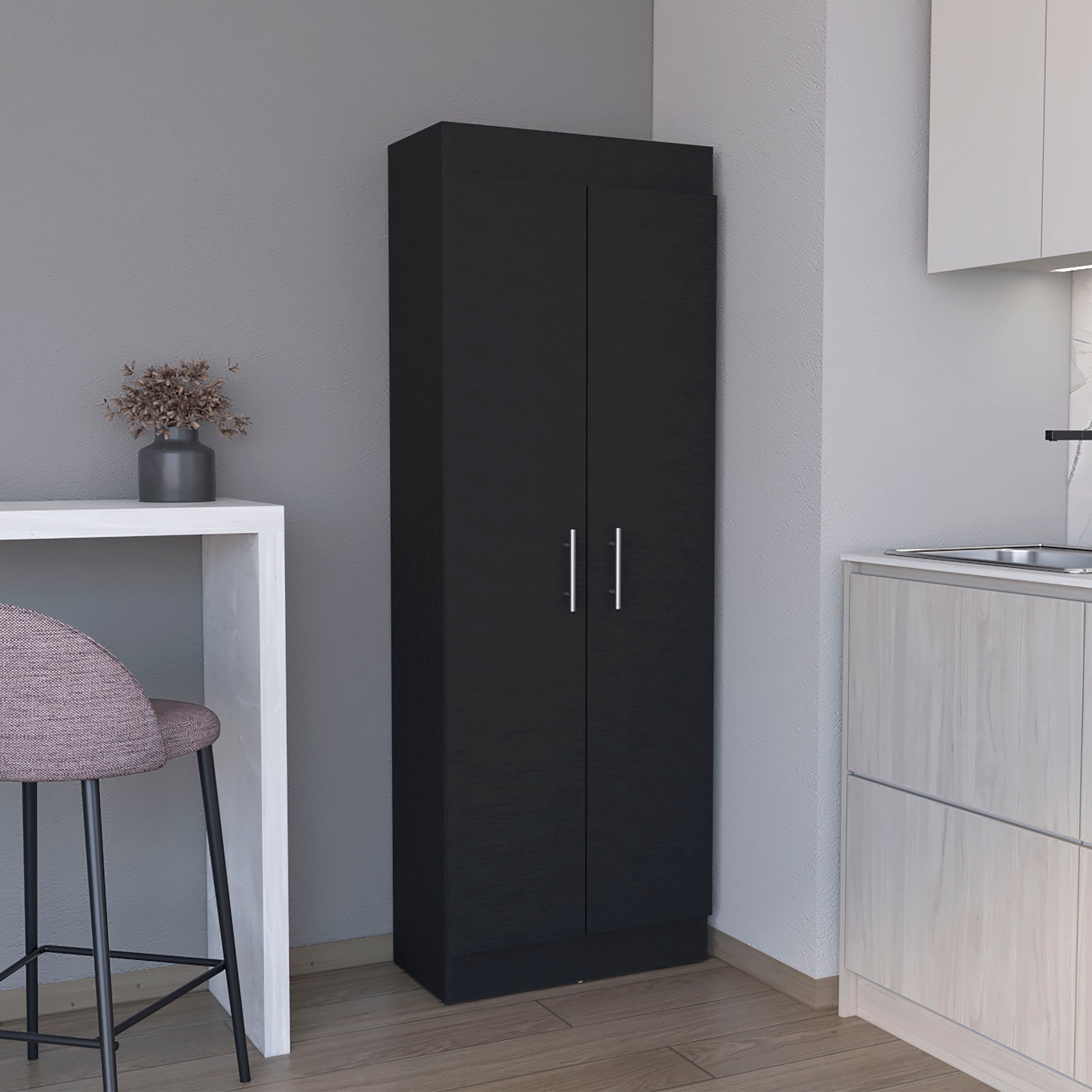 Tall black pantry cabinet with two doors and silver handles for kitchen storage