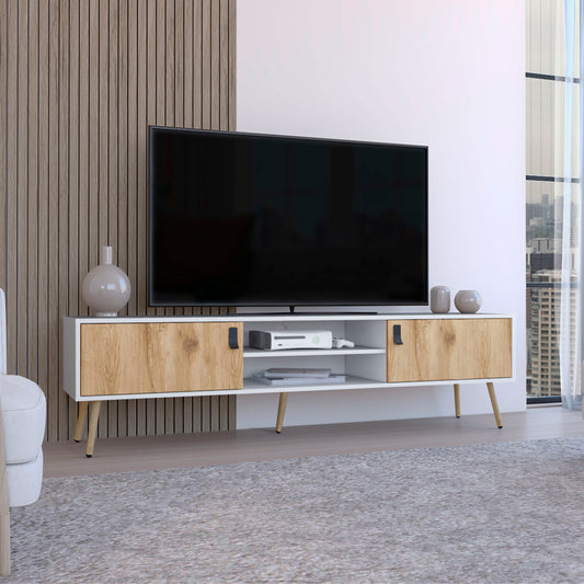 Modern white TV stand with wood grain doors and tapered legs ideal for living rooms